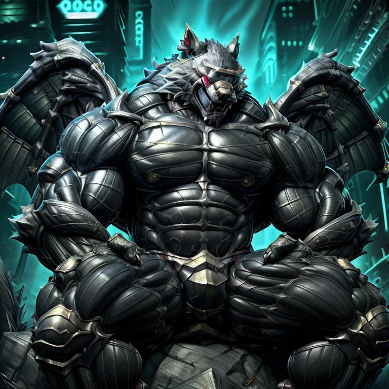 (masterpiece, best quality, detailed:1.2) detailed full body, 8K, freddy, wolf muscular werewolf, muscular! Commission for High Res, unusually developed muscular body, body full of huge muscles. pectorales enormes. Exaggeratedly huge muscles. Gigachad Muscular, 8K, Masterpiece, highres, future fiction. black visor, Detailed head, Detailed Body,full body, Detailed abs, wearing crNanosuit,strong and imposing, thicc, Spread wings, It has wings. have big wings. in a night city, sitting on the throne, futuristic city, Spread wings, It has wings. have big wings. 