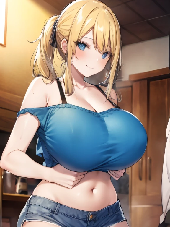 {{{masterpiece}}}, {{{highest quality}}}, {{Very detailed}}, {shape},(highest quality:1.3), Blonde girl with ponytail gives titjob, throw, 1 boy, Penis between breasts, My chest feels tight, Wet penis , Cleavage, Bedroom, storehouse, Sweaty, Big Breasts, Moving lines, Mischievous Smile, belly button, Play sports often,Secretion of milk,milk,get wet,Sweaty,Off-the-shoulder sweater,Cleavage,Denim shorts,