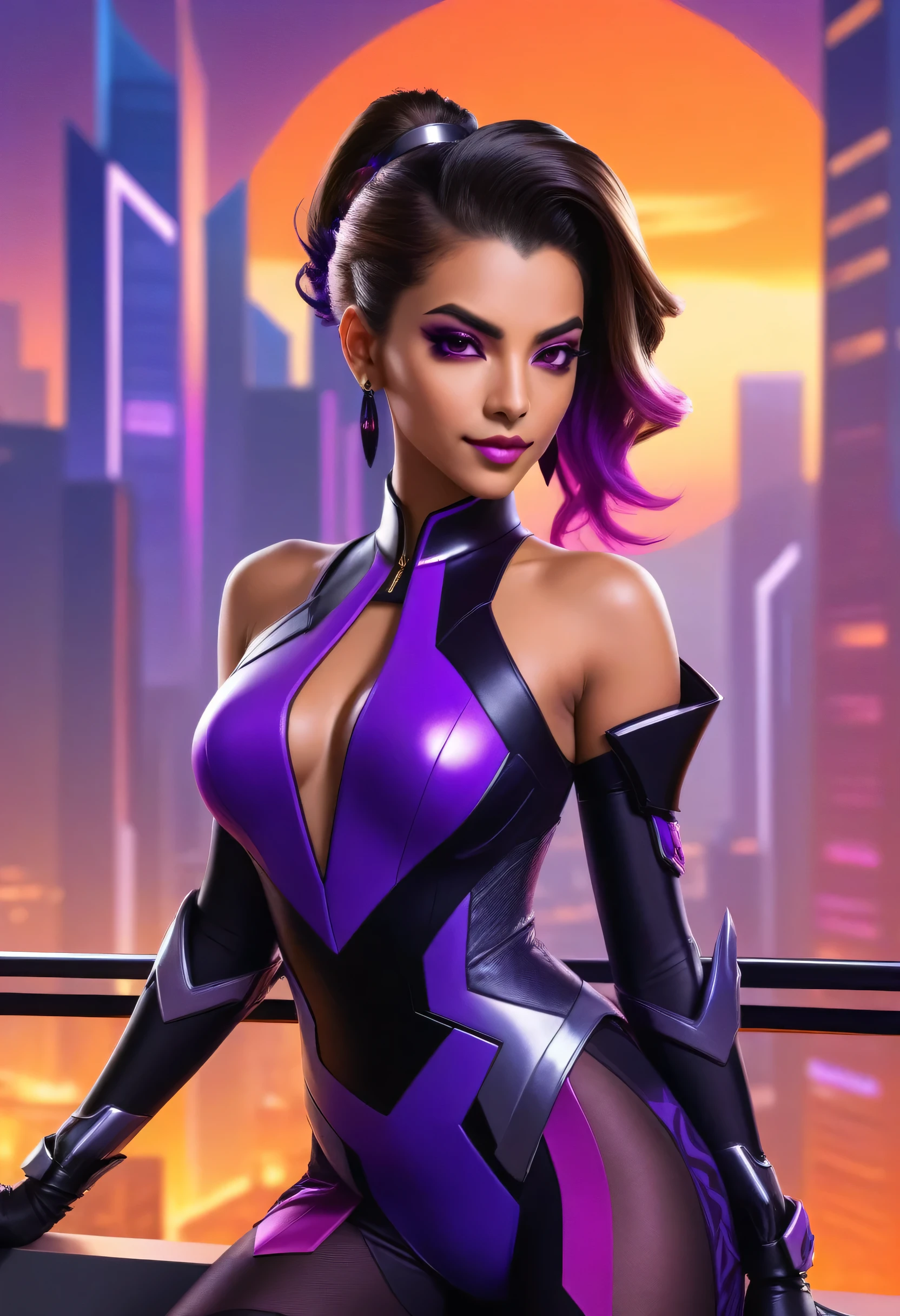 ((sombra and mercy merged:1.3)), merged, sexy, half body, metropolitan background, sunset, sexy attire, (high quality), (masterpiece), negative_hand