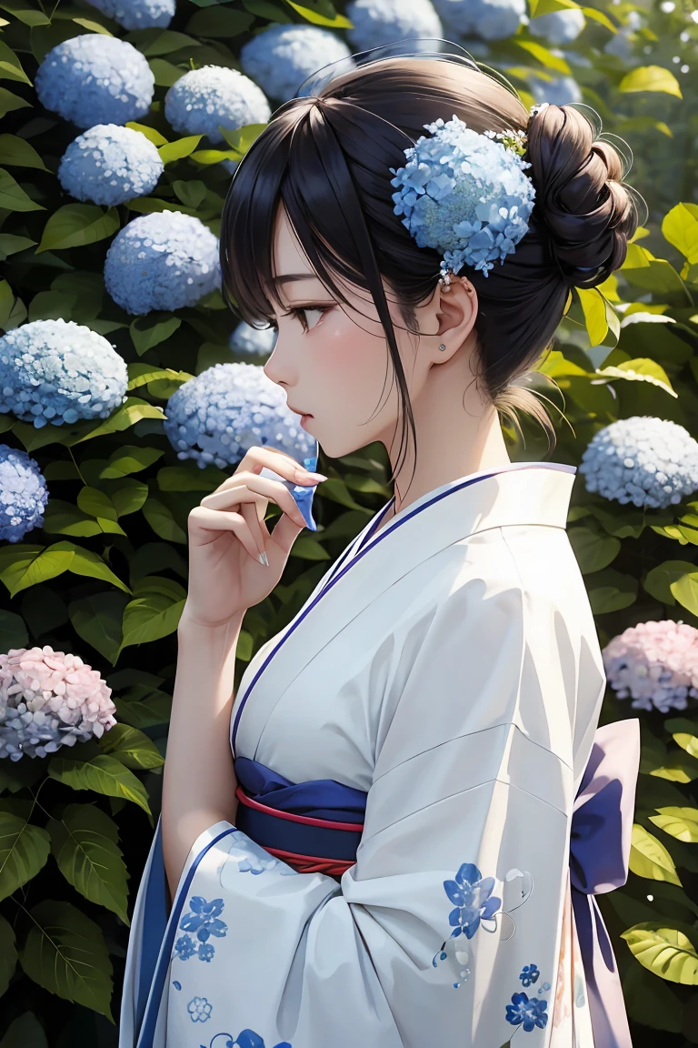 masterpiece ,highest quality, delicateな髪の美しい女性, Flowers, forest, Blooming hydrangeas,profile,Fleeting,beauty,delicate,Cinematic,Japanese women,profile,mature,Shiny woman,downward profile,light blue floral kimono,Genuine,White flower hair ornament,Posing to be thinking,Put your hand over your mouth,