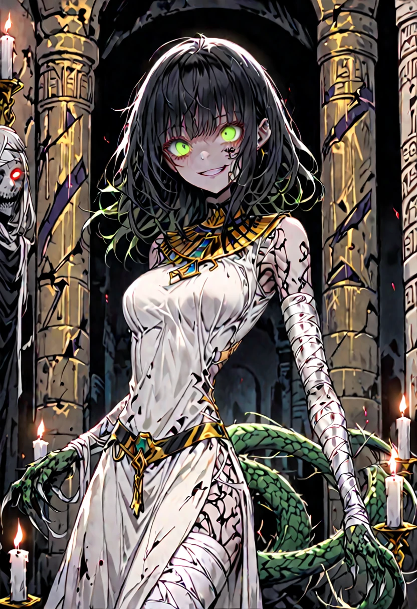 solo, female, sfw, tangled hair, messy hair, long black hair, decay, sickly skin, ((prominent veins)), pulsating veins, undead, glowing eyes, green eyes, statuesque build, unnatural twisting, large breasts, narrow hips, claws, elongated arms, thick tail, serpentine tail, barbed hook tail, dark aura:0.5, alluring, Egyptian, curtain, tomb, candles, indoors, ghoul, ((white bandages)), seriously decaying, yandere smile
