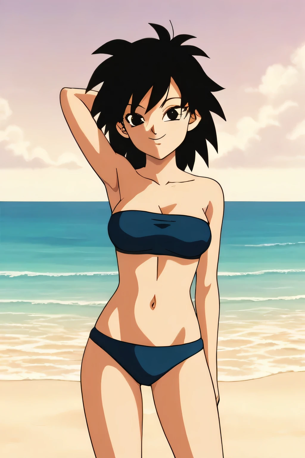 source_anime, score_9,score_8_up, score_7_up, ginedb, anime screencap, 1girl, solo, looking at viewer, smile, medium breasts, black hair, beach, ocean, bare shoulders, medium breasts, smile, standing, arm behind head, cowboy shot, medium hair, black eyes, spiked hair, eyelashes, masterpiece, best quality, very aesthetic, absurdres, black bikins, strapless tube top, black panty, midriff, blue skies, standing, cowboy shot,