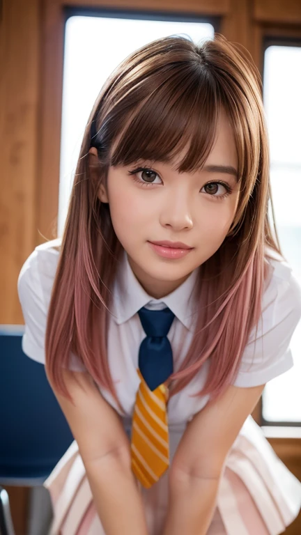 (nude :1.50),(Pink Hair :1.3),(Photorealistic:1.4, 8k), highest quality, masterpiece, Ultra-high resolution, Perfect dynamic composition, (Cinematic lens effects), (Beautiful Face), (Brown Hair:1.3, bangs, Long Hair), Highly detailed skin and facial textures:1.3, Sunburned skin:1.0, Perfect balance, Mid-chest, Shining Legs, Limb details,  Cute and sexy 18 year old school girl, (Totally captivates you:0.9), (school uniform:1.3, White shirt, Blue tie, Check skirt),  (Gal Makeup, eyeliner, Lip gloss, Beautiful erotic eyes:0.85), Sexy Face:0.8, (Beautiful Eyes, Thick lips, A taste of beautiful eroticism:0.85), (Too cute beauty:0.9), (classroom, mechanical, Chair, Large windows), (Looking at the camera), (Extreme close up:1.3), smile