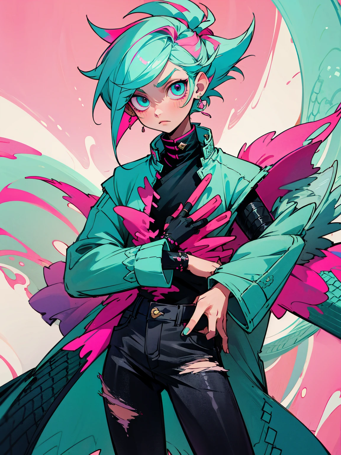 Dragon boy_ white scales with turquoise and pink details_detailed eyes_wearing a stylish coat with abstract details_ ripped black jeans.