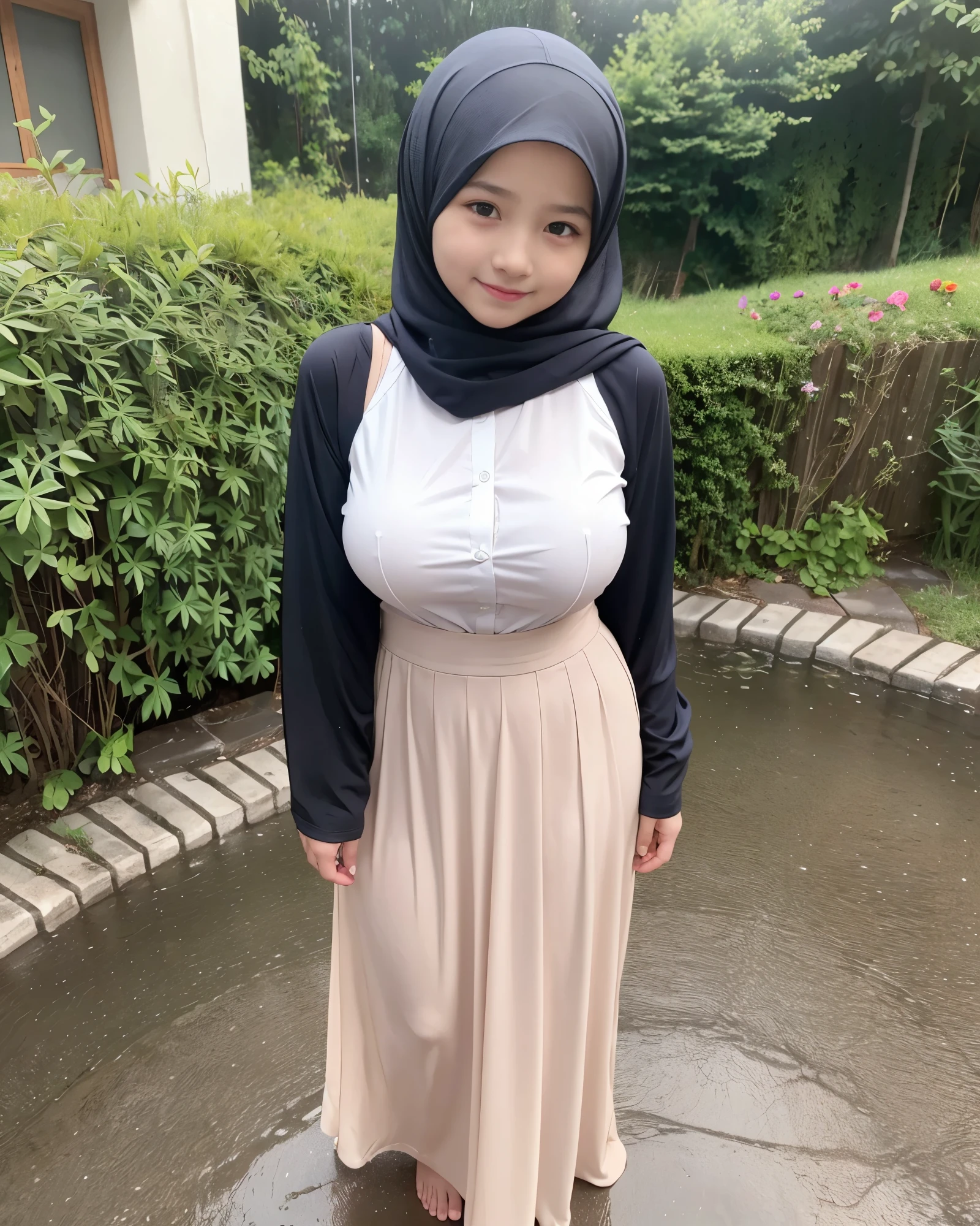 adorable, 1 girl, 10 years old, baby face, smile shy, full body portrait, (face details: 1), (eye details: 1). wearing random long shirt, long skirt, modern hijab colorful, (large breasts)... Rain, wet, closthes wet, Cute posed. proportional body. Ultra High Res. realistic: 1.4, UHD