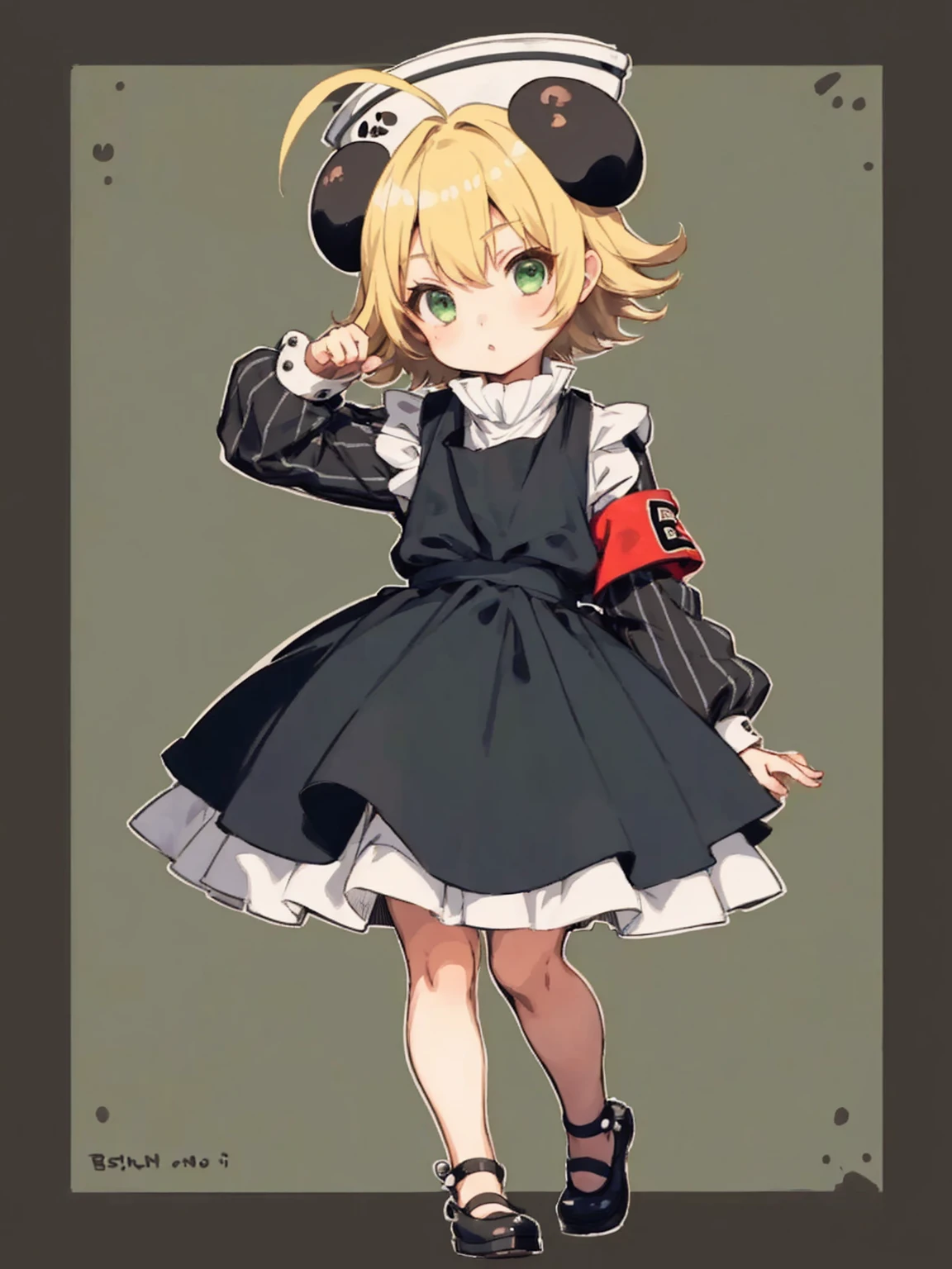 piyoko, 1girl, blonde hair, solo, short hair, dress, looking at viewer, hat, long sleeves, ahoge, green eyes, white apron, armband, striped dress, 
index finger raised, looking at viewer, solo, artist name, club (weapon), full body, spiked club
 