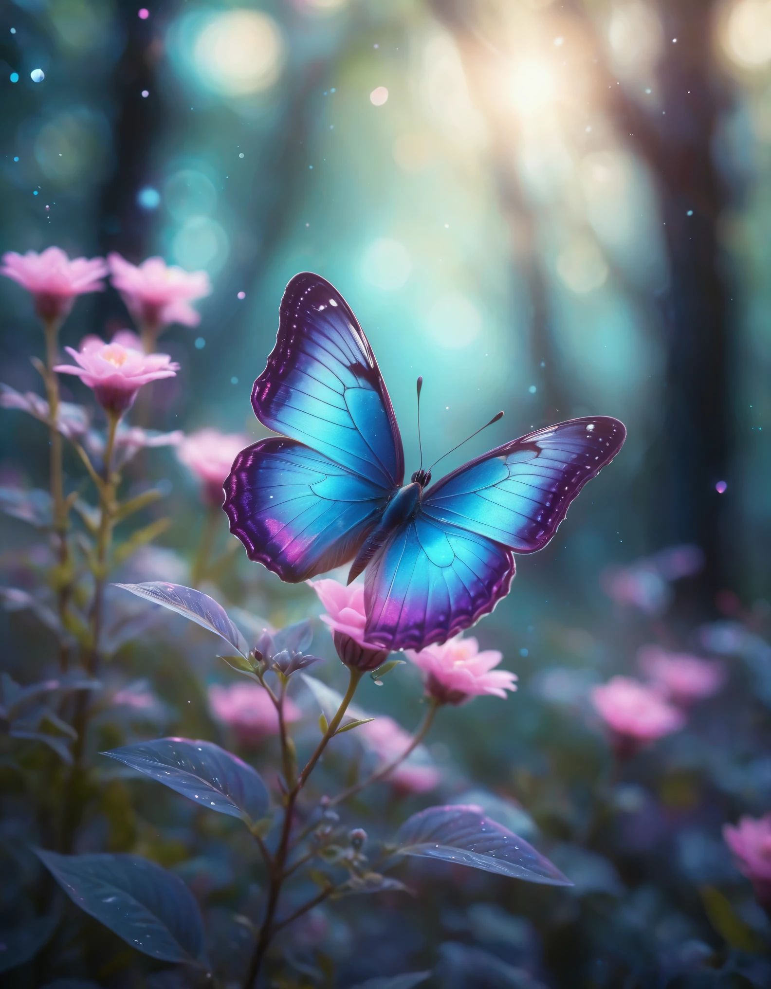 A stunning, ethereal scene featuring a large, vibrant butterfly perched on a glowing, neon flower. The butterfly has iridescent wings with a mix of bright pink, purple, and blue hues, speckled with glowing dots of light. The wings are delicate and semi-transparent, with intricate patterns and a soft, luminous gradient. The flower beneath the butterfly is equally radiant, with bright pink petals that emit a soft glow, surrounded by a magical, sparkling atmosphere. The background is a dreamy bokeh of deep purples, blues, and hints of pink, creating an enchanting, otherworldly ambiance. The entire scene is bathed in a soft, ethereal light, with a focus on the contrast between the glowing elements and the dark, blurred background.
