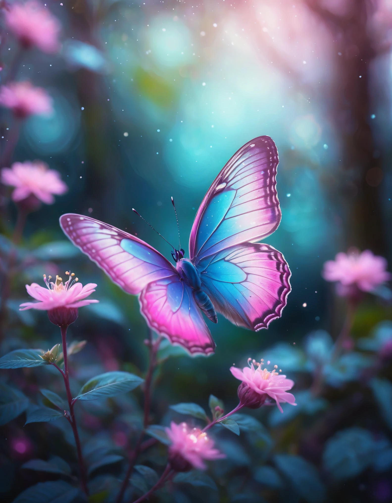 A stunning, ethereal scene featuring a large, vibrant butterfly perched on a glowing, neon flower. The butterfly has iridescent wings with a mix of bright pink, purple, and blue hues, speckled with glowing dots of light. The wings are delicate and semi-transparent, with intricate patterns and a soft, luminous gradient. The flower beneath the butterfly is equally radiant, with bright pink petals that emit a soft glow, surrounded by a magical, sparkling atmosphere. The background is a dreamy bokeh of deep purples, blues, and hints of pink, creating an enchanting, otherworldly ambiance. The entire scene is bathed in a soft, ethereal light, with a focus on the contrast between the glowing elements and the dark, blurred background.