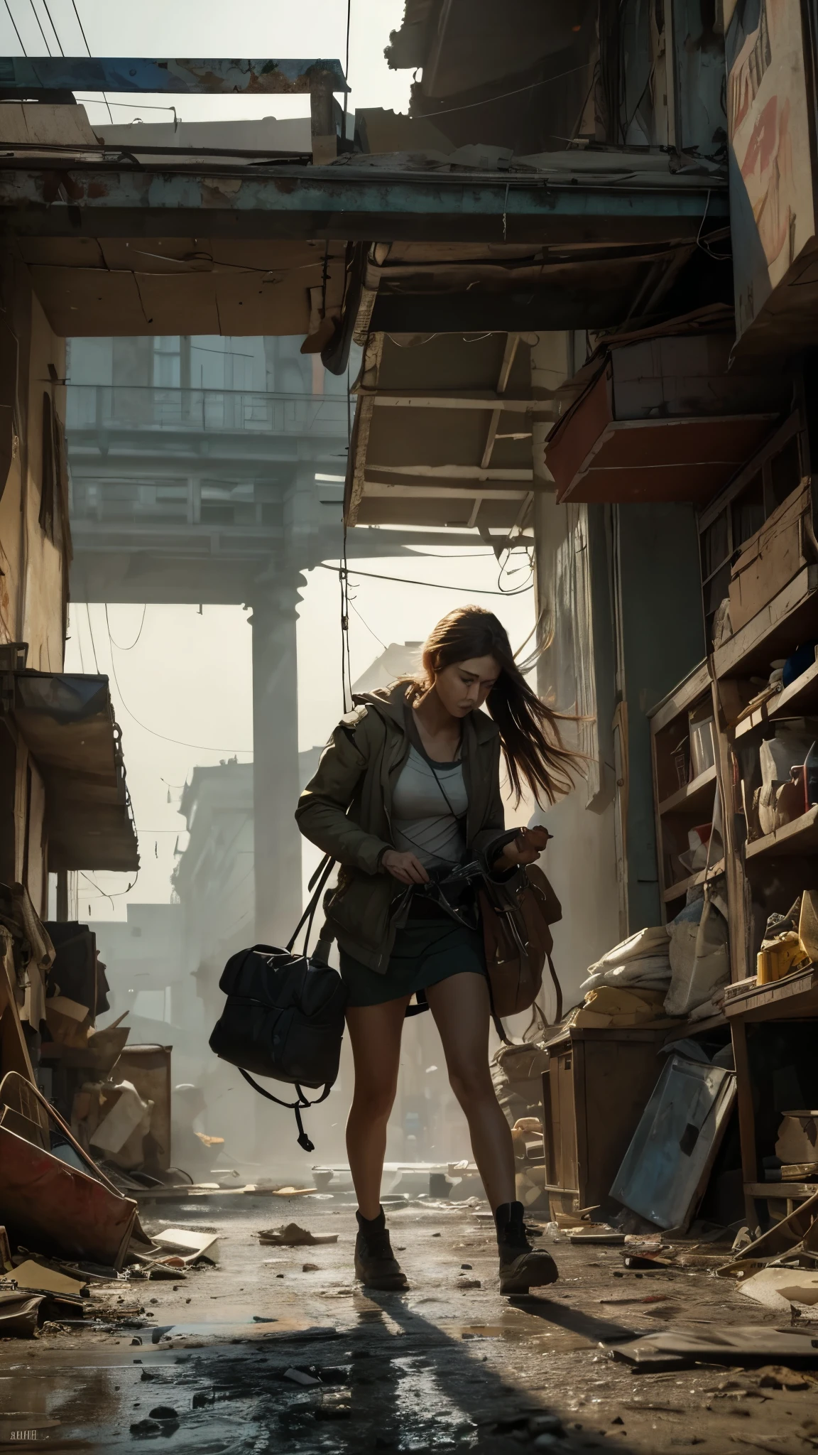 Realist painting of a beautiful woman frantically searching for her lost belongings, surrounded by scattered items and an open bag, with a worried expression on her face, cinematic composition, trending on ArtStation.