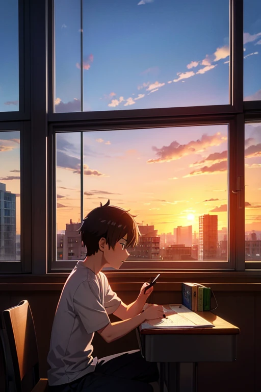 Boy studying with sunset on his window, anime, he lives in a building.
