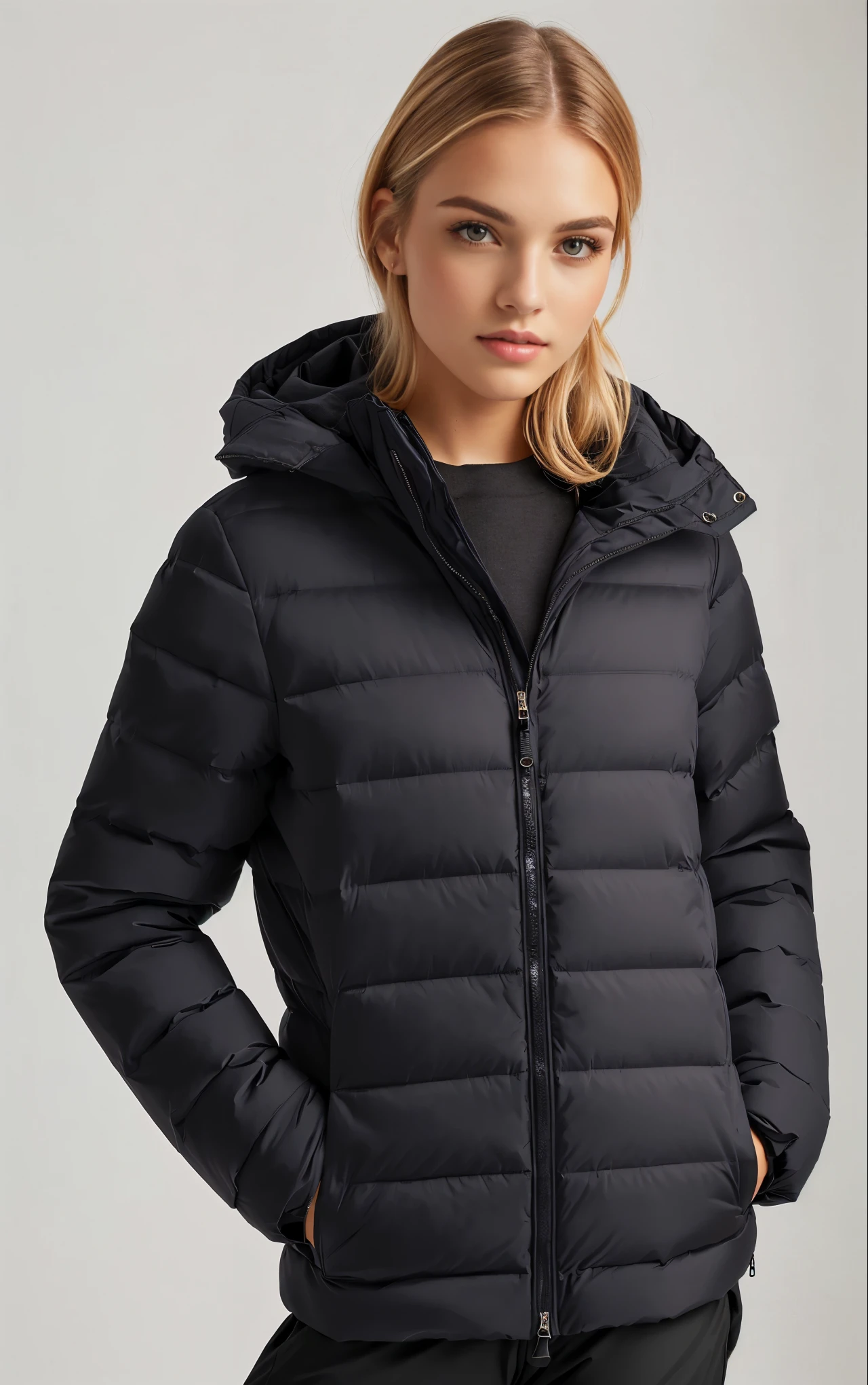 a woman wearing a black puffer jaqueta with a hood, puffer jaqueta, model wears a puffer jaqueta, jaqueta, Corpo robusto, black jaqueta, short jaqueta, roupas esportivas, encapuzado, reflective puffer jaqueta, wearing jaqueta, wearing a fancy black jaqueta, jaqueta over bare torso, antracite, ou preto, fotografia de uma mulher techwear