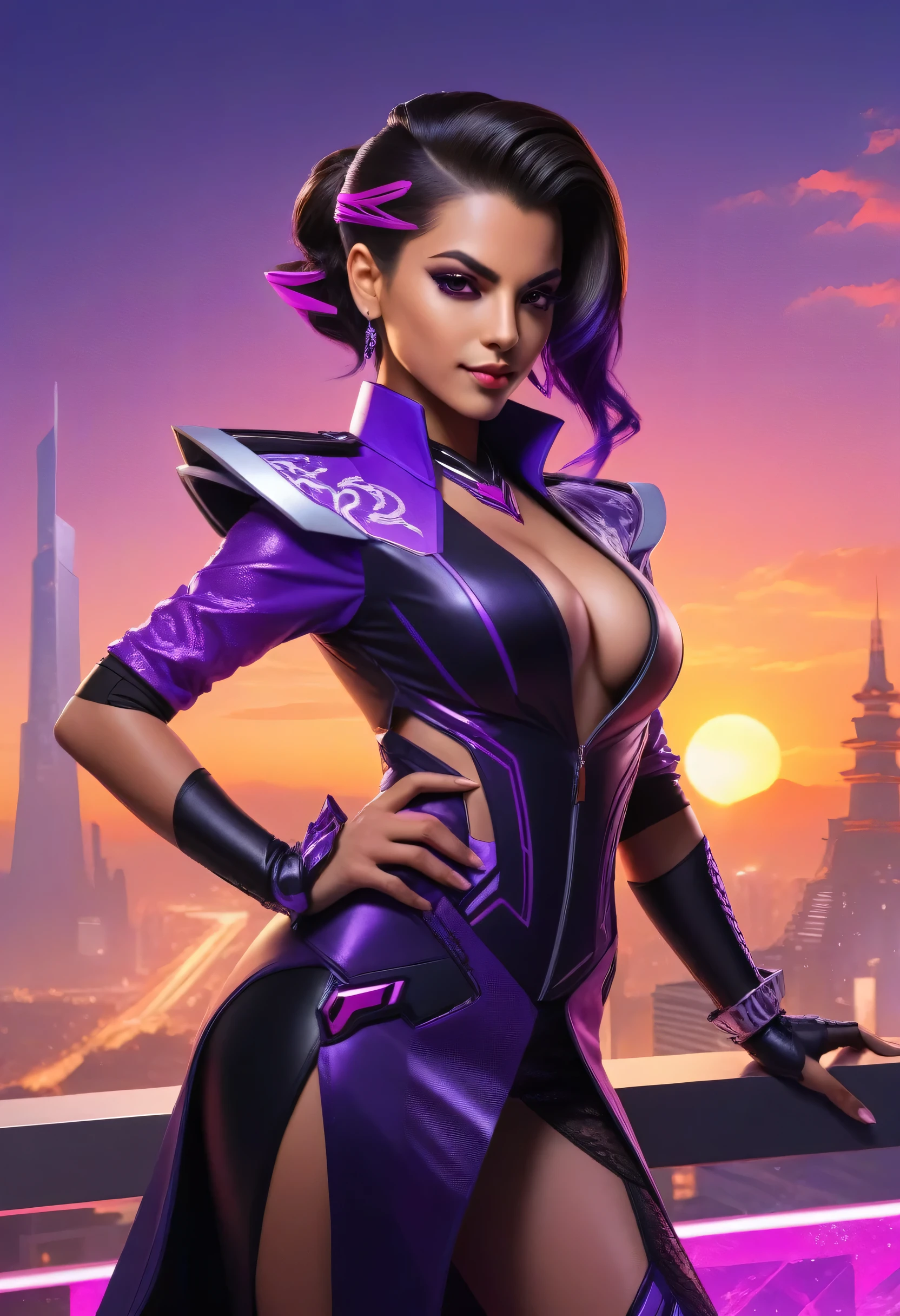 ((sombra and xianyun merged:1.3)), merged, sexy, half body, metropolitan background, sunset, sexy attire, (high quality), (masterpiece), negative_hand