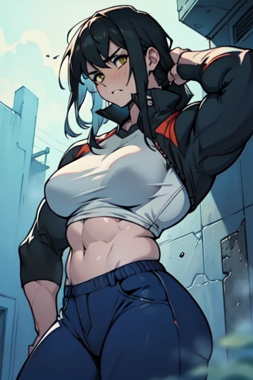 sad girl muscular muscular muscular breastss thick hick thick black hair yellow eyes pale skin pale skin thick thick thick long sleeve dark atmosphere thick thick thick thick thick thick muscular simple background sad sad sad sad tigth shirt