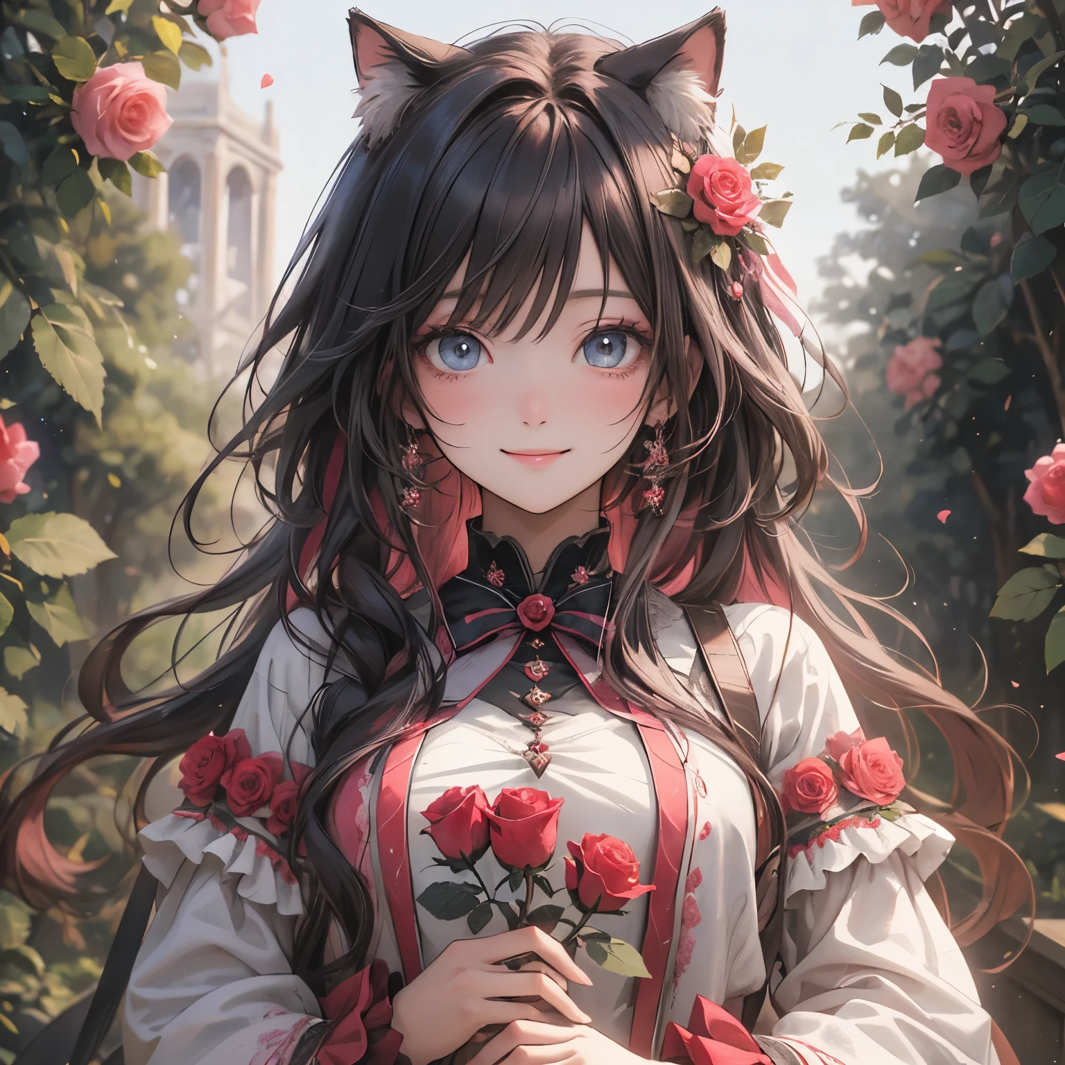 (masterpiece), highest quality, Ultra high resolution cat with rose colored bow、Rose colored hair、Rose-colored eyes、Rose-colored clothing、like、grateful、"500 Thank you"Character、smile、Rose Garden