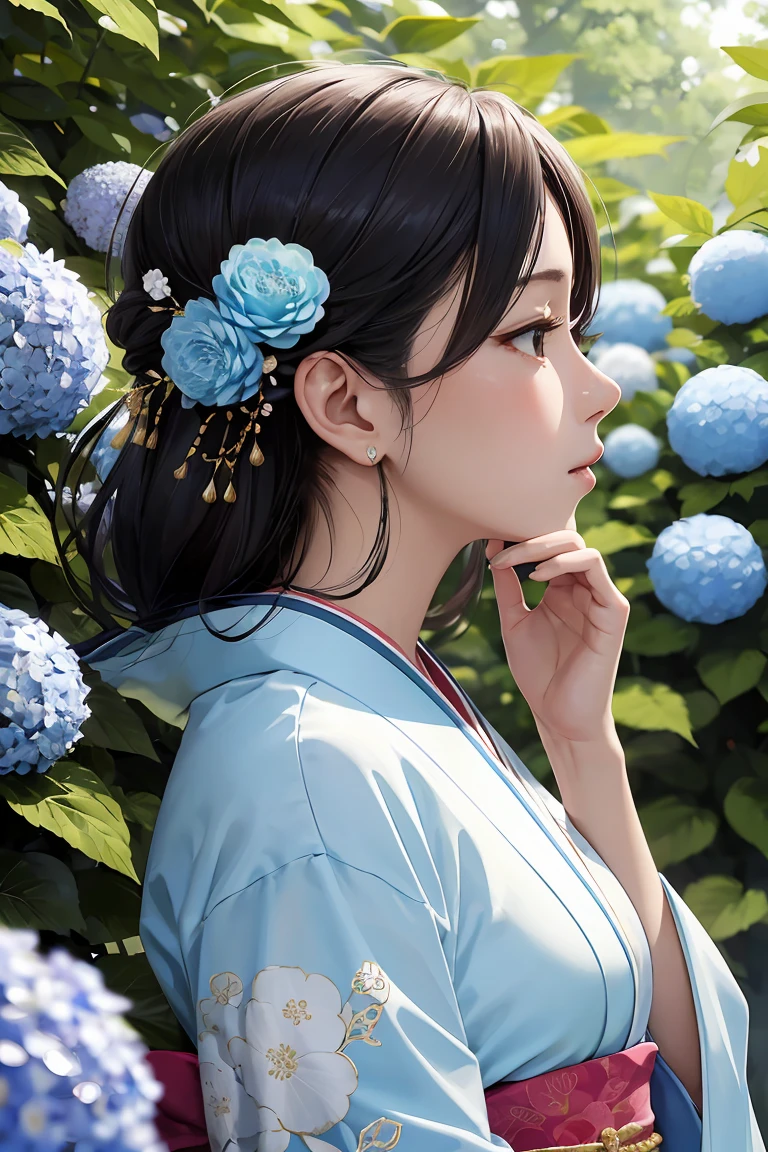 masterpiece ,highest quality, delicateな髪の美しい女性, Flowers, forest, Blooming hydrangeas,profile,Fleeting,beauty,delicate,Cinematic,Japanese women,profile,mature,Shiny woman,downward profile,light blue floral kimono,Genuine,White flower hair ornament,Posing to be thinking,Put your hand over your mouth,