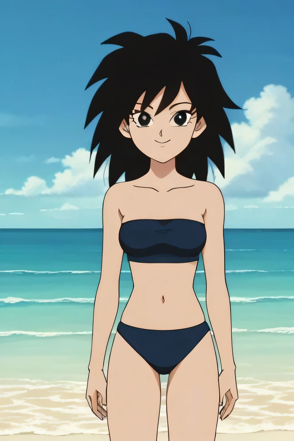 source_anime, score_9,score_8_up, score_7_up, ginedb, anime screencap, 1girl, solo, looking at viewer, smile, medium breasts, black hair, beach, ocean, bare shoulders, medium breasts, smile, standing, arms at sides, cowboy shot, medium hair, black eyes, spiked hair, eyelashes, masterpiece, best quality, very aesthetic, absurdres, black bikins, strapless tube top, black panty, midriff, blue skies, standing, cowboy shot,