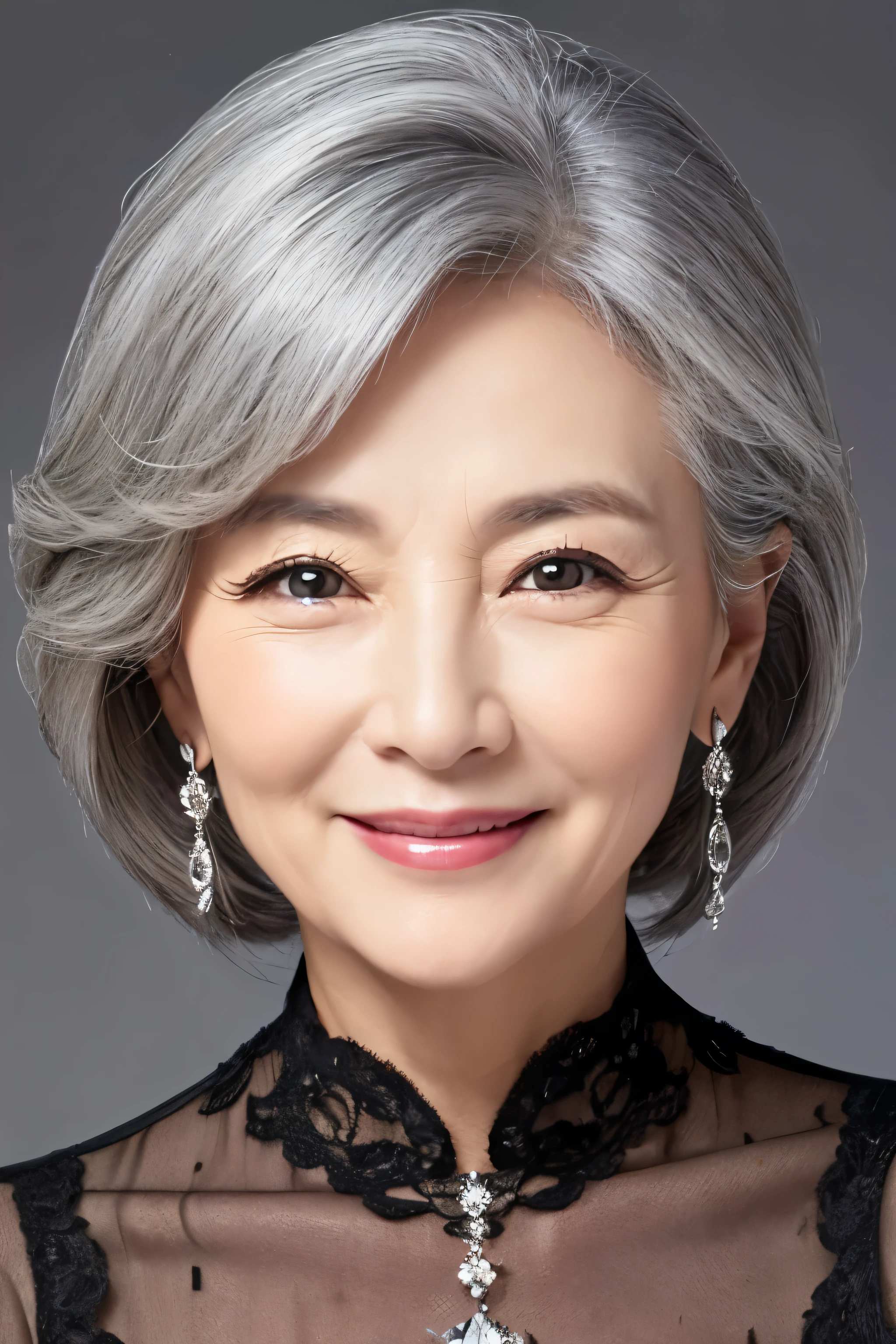 62 years old。smile、Your eyes are sparkling、Gray Hair、upper class、dignity、haute couture、