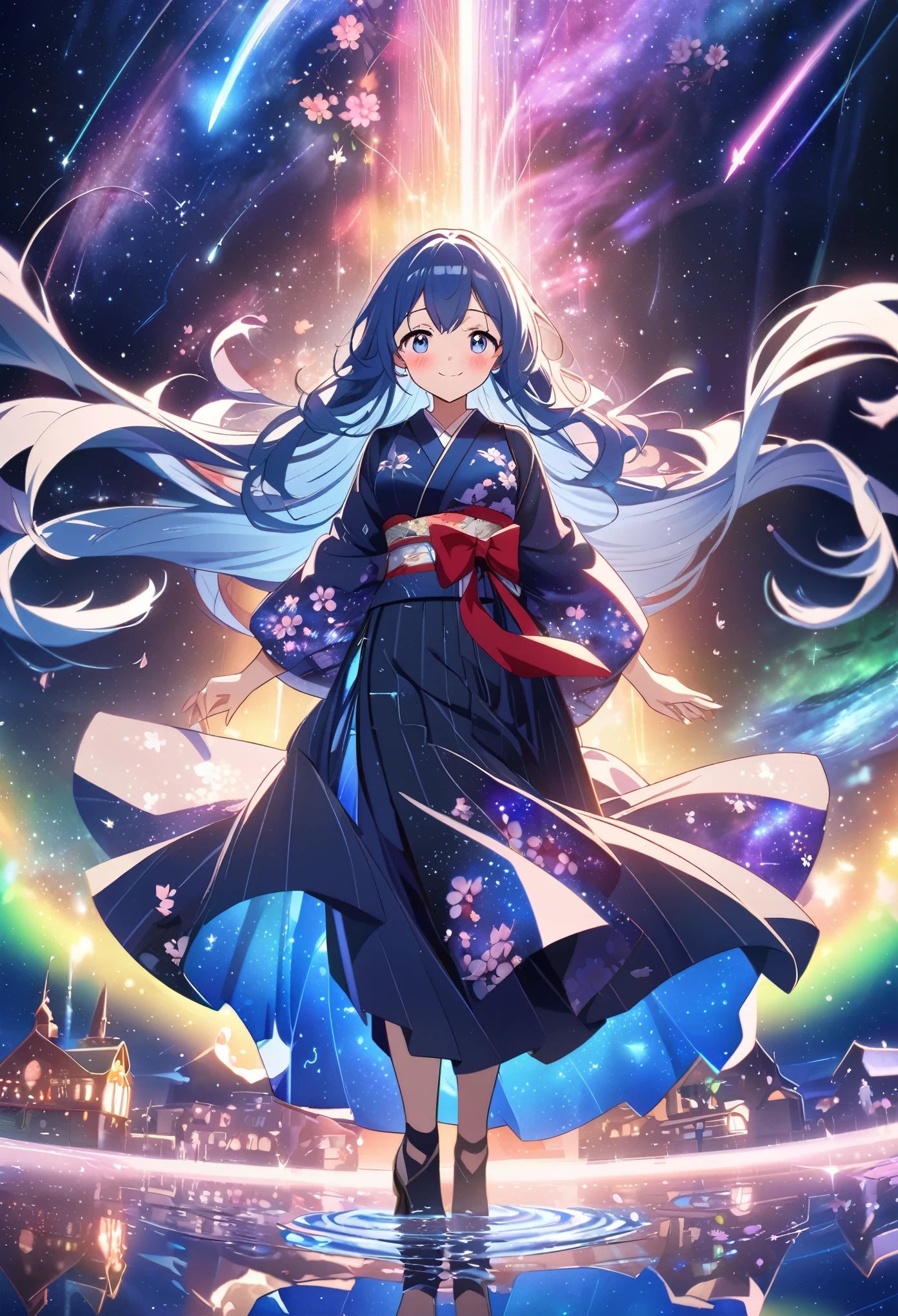 (ultra-detailed),reflected on the surface of water, anime style, 1girl, blue hair, long hair, musical note, shooting star, galaxy, aurora, seven-colored light, butterfly, constellation, girl riding on a crescent moon, nebula, cherry blossom petals, stained glass, entire field of stained glass flowers, night cherry blossoms, kimono, blushing, blush, smile, zoom, reflection, planetarium, flowing hair, church, candelabra, dancing patterns.