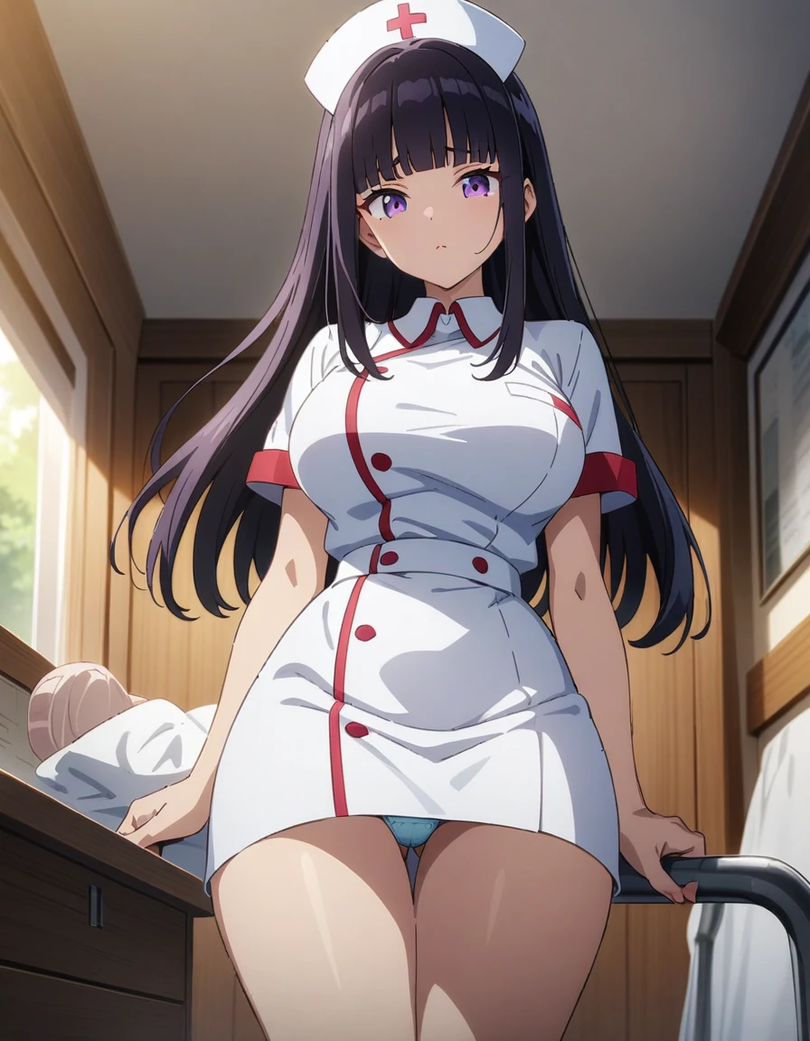 masterpiece, best quality, very aesthetic, absurdres, 1girl, beautiful face, tsurime, blunt bangs, black violet hair, long hair, straight hair, large breasts, nurse uniform, panties, anime artwork, super fine illustration, highly detailed