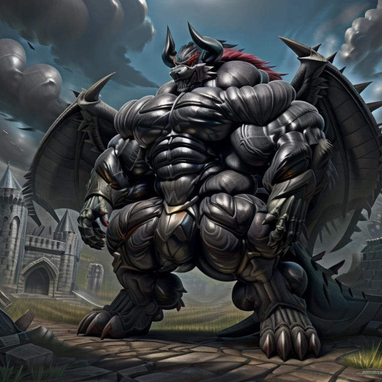 (gigantic muscles), 8K, Masterpiece, highres, Detailed head, Detailed Body, full body, Detailed abs, wearing crNanosuit, big muscle (pecs, triceps, traps) unusually developed muscular body, body full of huge muscles. pectorales enormes. Exaggeratedly huge muscles. Gigachad Muscular, gigantic muscles, Colossal giant NANOSUIT over a battlefield, The claws are sharp, Sharp teeth, Spread wings, have big wings. black wings, nj5furry, Animal paws, castle, black visor, demon lord dragon batzz
