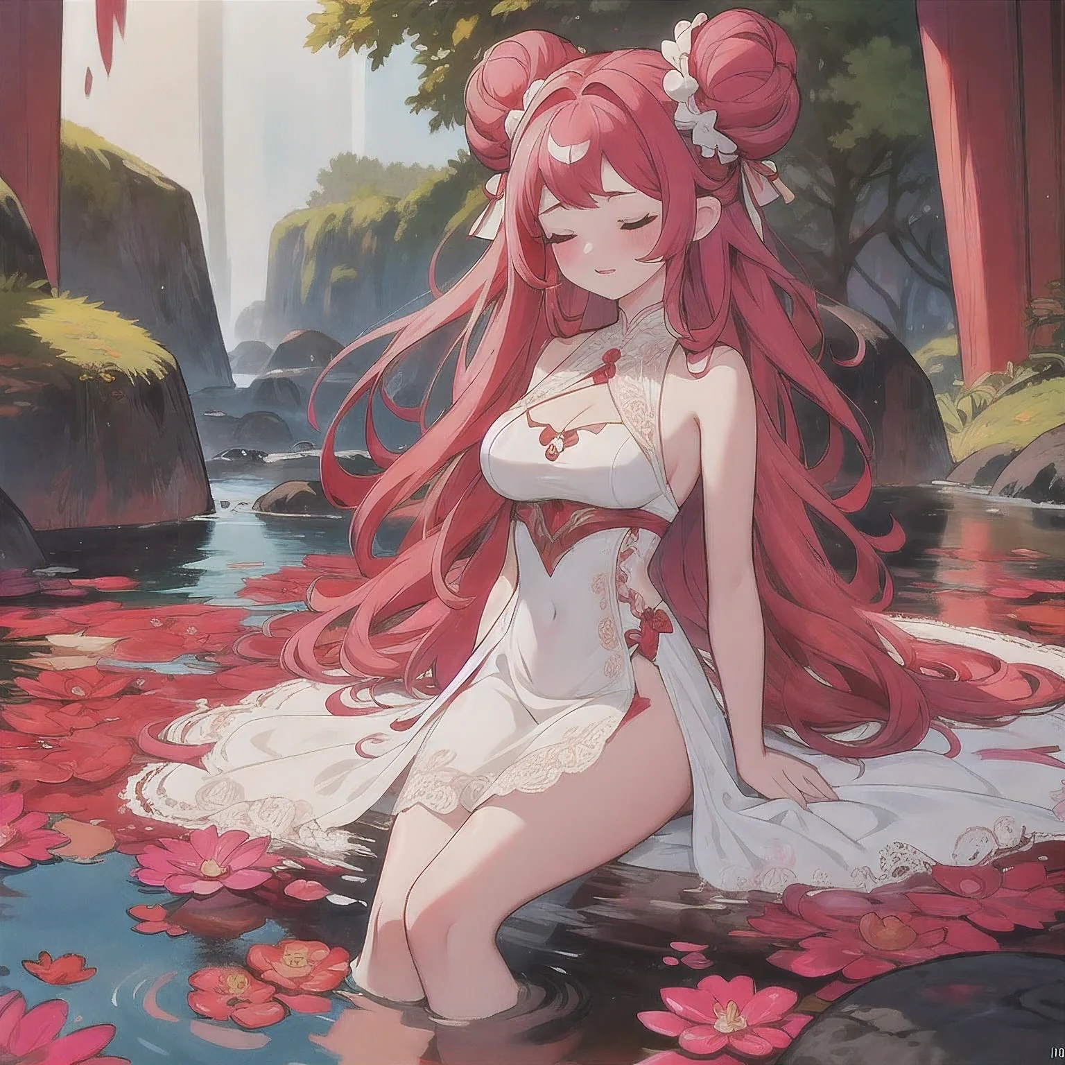 (White Lace abyss)
1girl
bangs
White Lace shoulders
breasts
cleavage
cleavage cutout
closed eyes
crescent
crescent facial mark
double bun
﻿
White Lace dress
facial mark
facing viewer
forehead mark
White Lace
﻿
long hair
medium breasts
parted bangs
partially submerged
pink hair
red hair
solo
very long hair
wading
water
