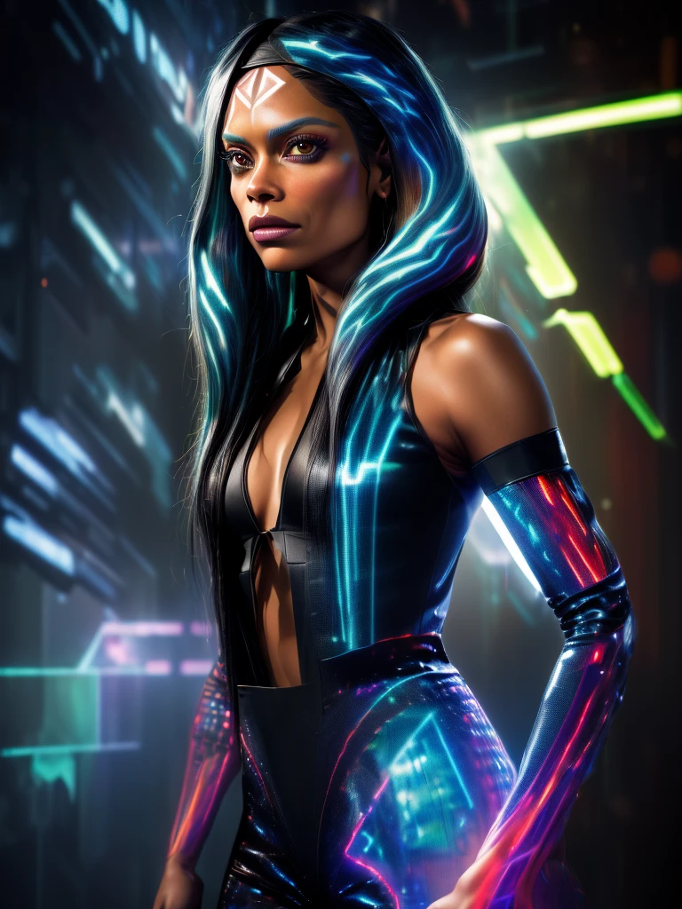 chong , Glowing hologram , ( , ahsokatano rosario dawson , (hologram:1.4), (glitch:1.4), glowing, reimagined in a cyberpunk universe, cinematic scene, detailed background, piercing eyes, masterpiece, best quality, high quality, intricate, ultra detailed, highres, absurdres, 16k resolution dragon
