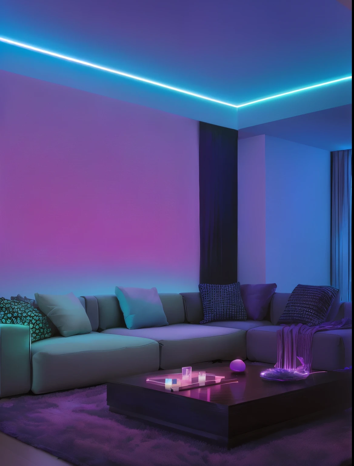 arafed couch in a living room with a purple and blue light, neon ambient lighting, dramatic gradient lighting, dreamy soft neon lights, blue and purle lighting, soft neon lighting, soft calm warm neon atmosphere, violet and aqua neon lights, vaporwave lighting, soft neon atmosphere, blue and pink lighting, soft neon lights, dramatic colorful lighting, with neon lighting