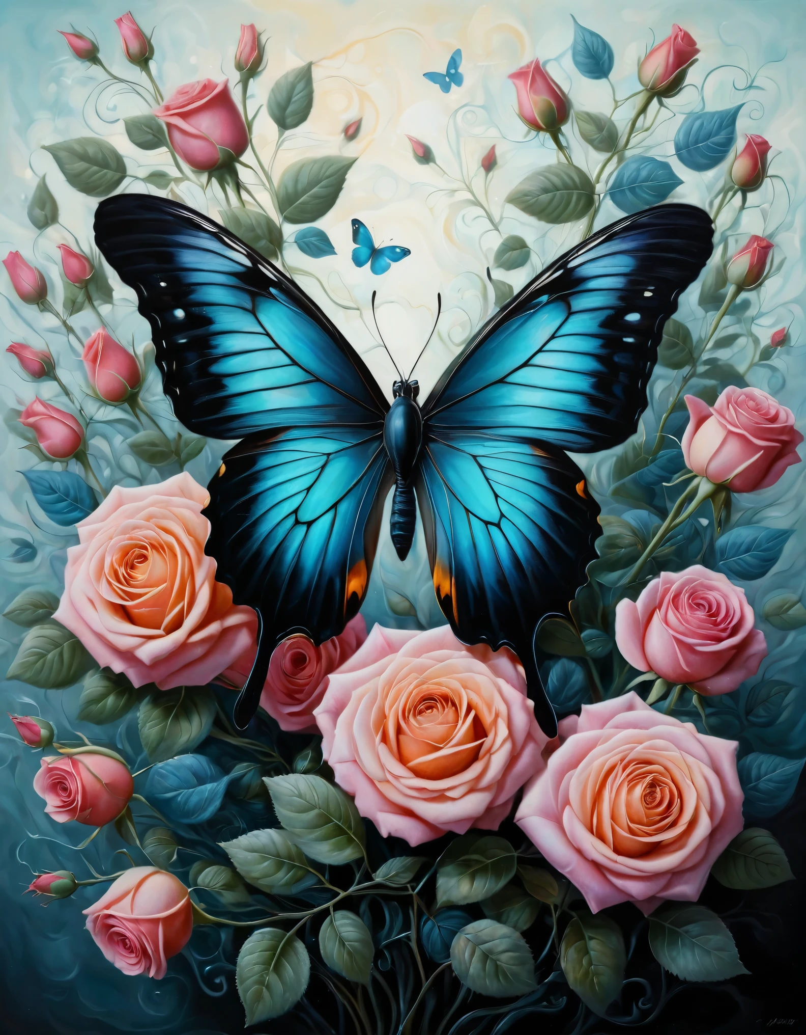 A vivid, surreal painting featuring a large, colorful butterfly perched atop a bouquet of roses. The butterfly's wings are predominantly orange and yellow with accents of blue and black. Surrounding the butterfly, the roses are in various shades of pink, orange, and red, with intricate, swirling patterns of blue, purple, and teal leaves and tendrils. The background is black, making the colors pop and creating a dramatic, eye-catching effect. Light and shadows are used to add depth and dimension to the image.