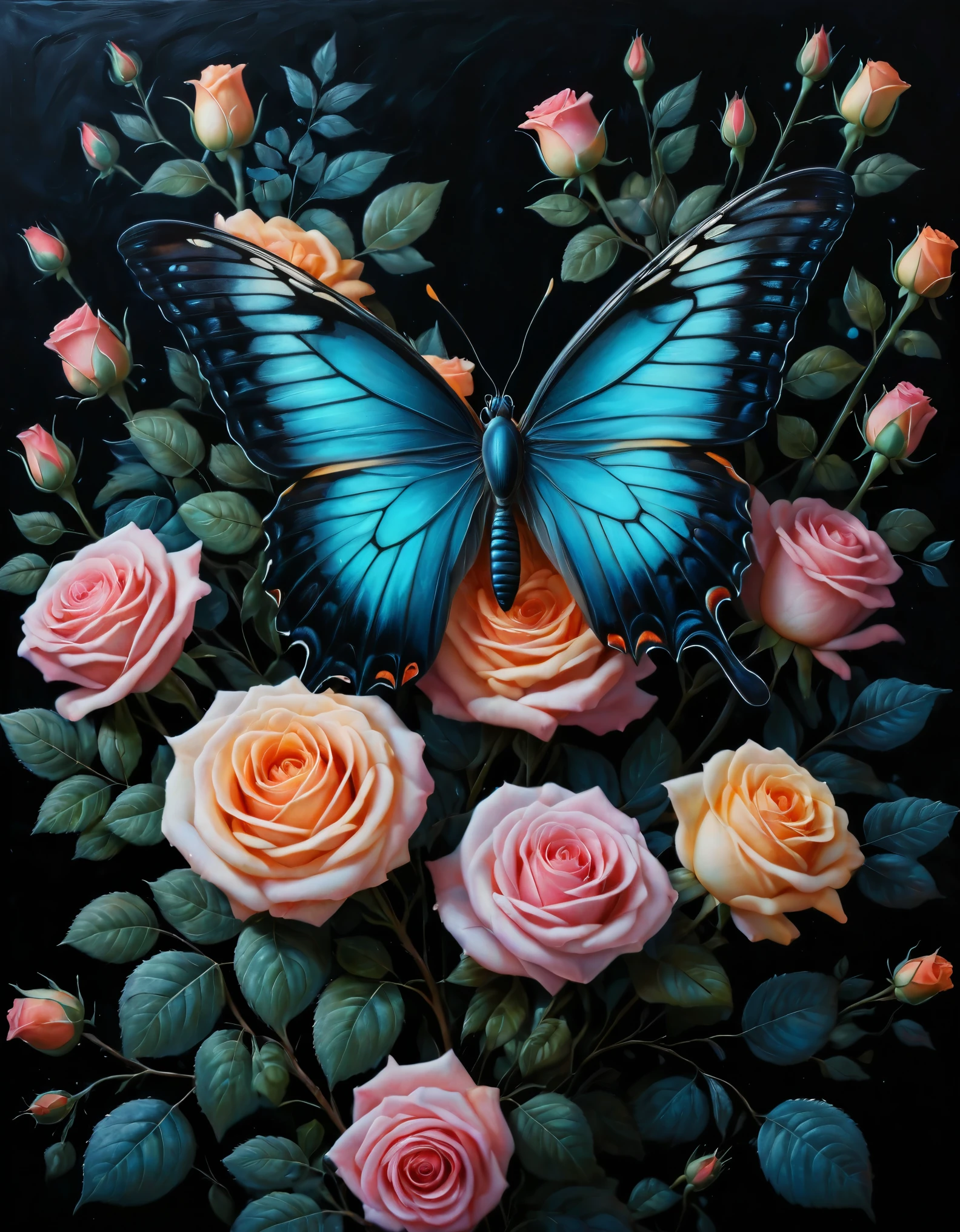 A vivid, surreal painting featuring a large, colorful butterfly perched atop a bouquet of roses. The butterfly's wings are predominantly orange and yellow with accents of blue and black. Surrounding the butterfly, the roses are in various shades of pink, orange, and red, with intricate, swirling patterns of blue, purple, and teal leaves and tendrils. The background is black, making the colors pop and creating a dramatic, eye-catching effect. Light and shadows are used to add depth and dimension to the image.