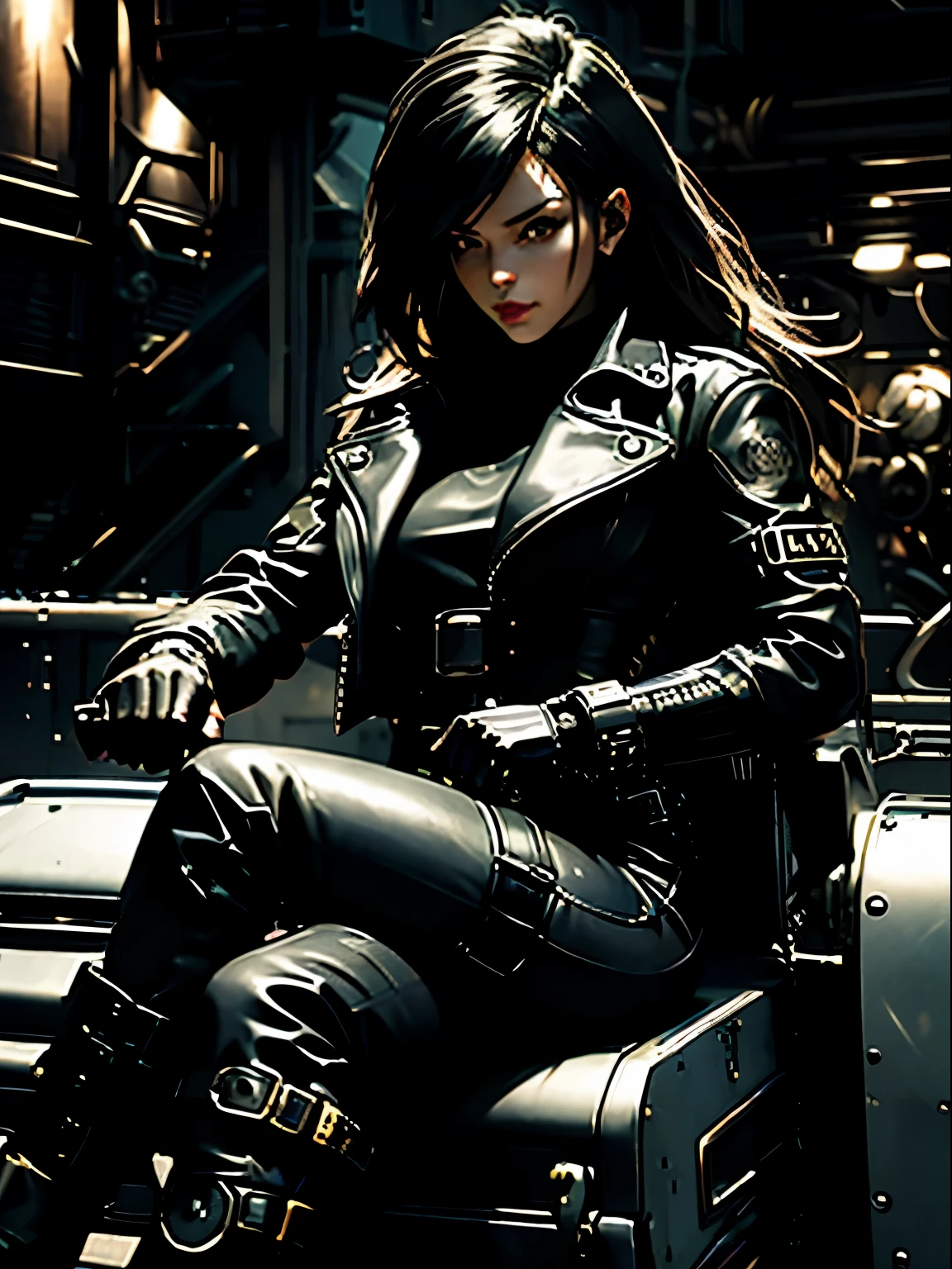 there is a woman in a black outfit standing next to a motorcycle, cyberpunk female, sitting on cyberpunk motorbike, riding steampunk motorcycle, dieselpunk setting, armored dieselpunk wardrobe, dieselpunk armor, a black dieselpunk policewoman, futuristic dieselpunk street, mechanized valkyrie girl, dieselpunk look, in style of dieselpunk, dieselpunk atmosphere