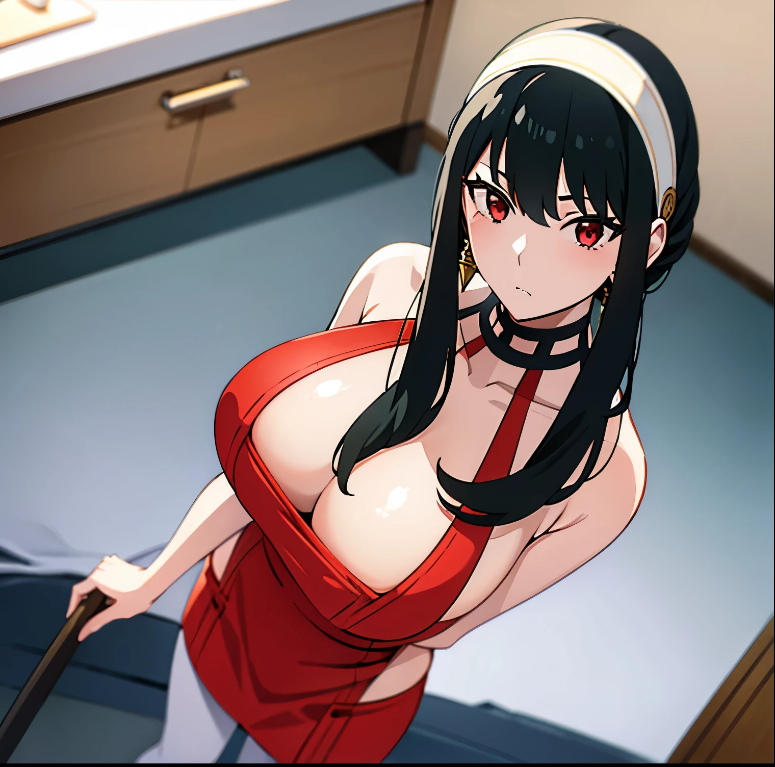1 girl,alone,yor forger,masterpiece,best quality,high resolution,long hair,black hair,white headband,red eyes,golden earrings,big breasts,medium waist,wide hips,wide thighs,round butt,jewelry,naked partially, bare shoulders, red apron, black pantyhose, bare back, perfect anatomy, looking at viewer, looking directly, sexy body, point of view (from above), standing, indoors, bedroom