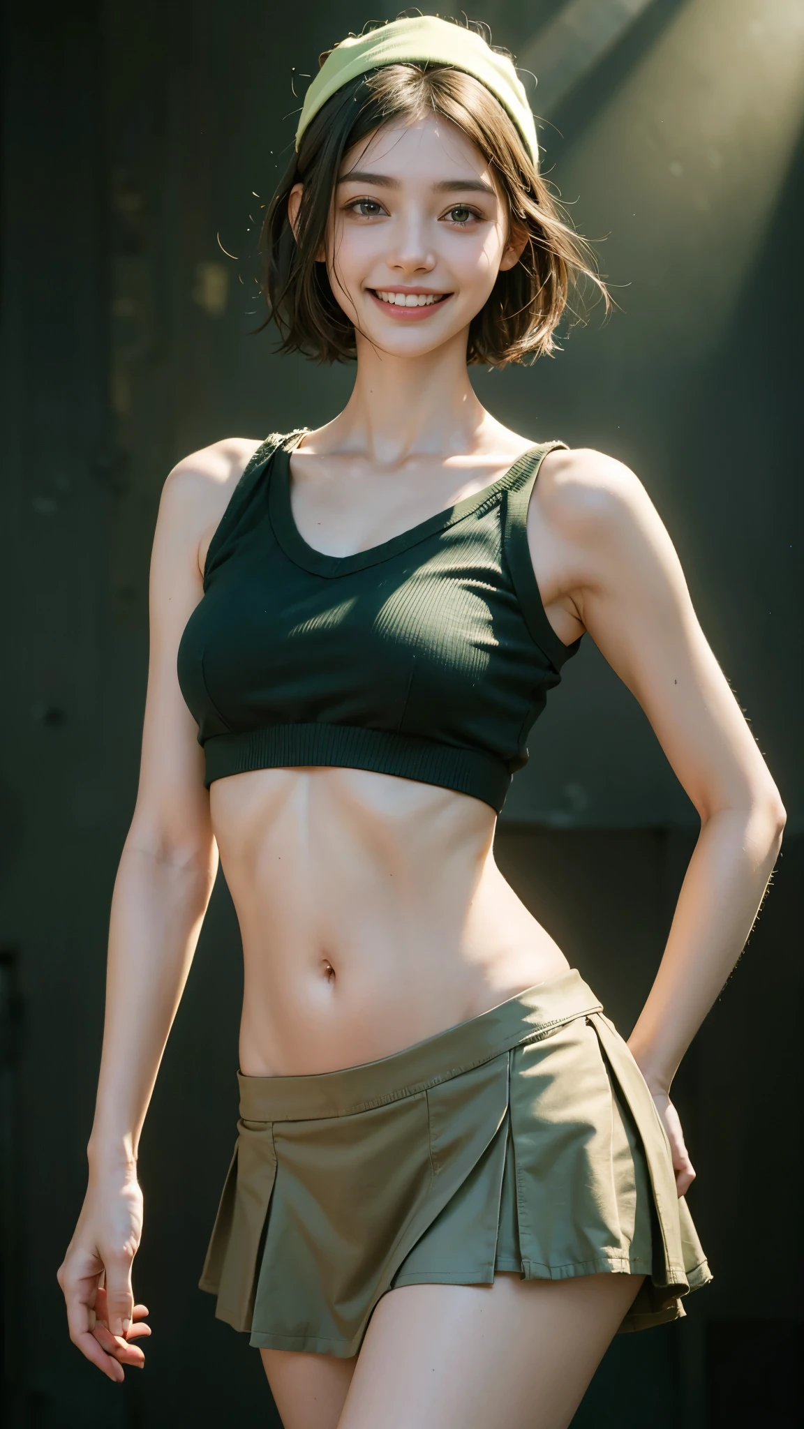 highest quality, masterpiece, Ultra-high resolution,8k, (Realistic:1.6), (Facing portraits) RAW Photos, 1 girl,(Full of smiles, Showing teeth)), 22 years old,((Belly on fashion)),((Miniskirt Uniform)),((Dull green short hair)),((Wear a bandana on your head)),((Looking up at the audience)),Face Focus:1.4,((Simple solid color background)), Image Media Chest)),((Smiling with teeth showing)),