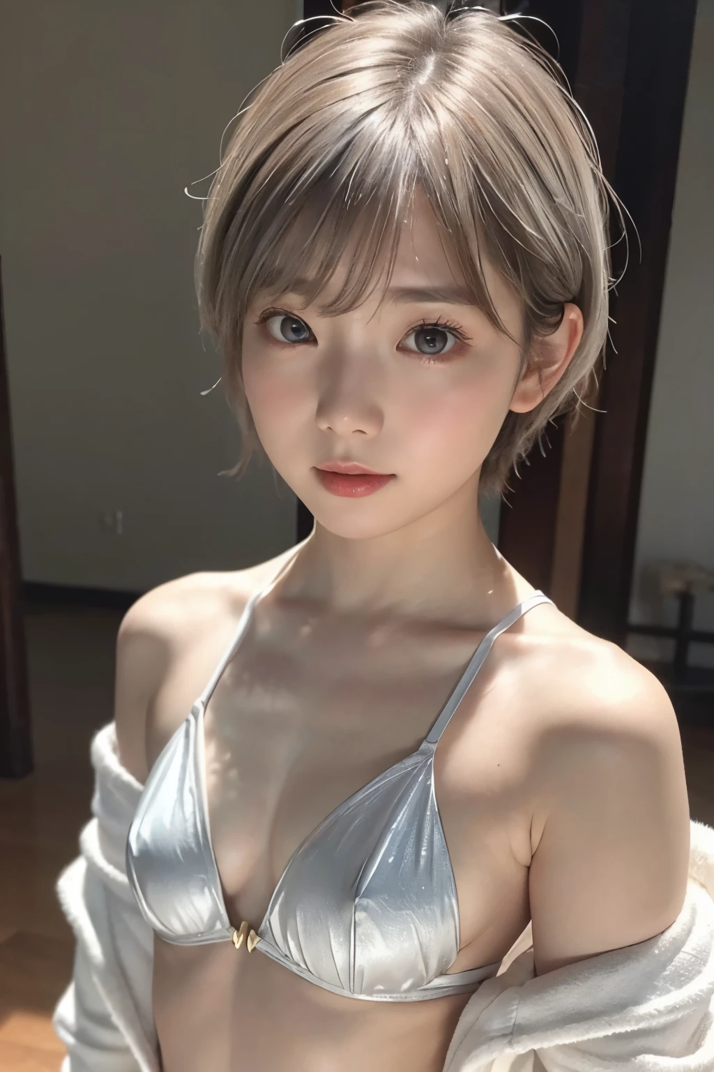 highest quality、8k Masterpiece、超A high resolution、(Photorealistic:1.3)、RAW Photos、1 girl、Silvery white short bob cut:1.4、Glowing Skin、1. Open-chested clothing、((Small, flat chest:1.5))、((Ultra-Realistic Details))、Portrait、Global Illumination、Shadow、Octane Rendering、8k、Super sharp、Beautiful breasts、Bare skin exposed in the cleavage、Metal、Cold colors、、Very intricate details、Realistic Light、CGSoation Trend Beautiful Eyes、Eyes shining at the camera、Neon Details、Korean Idol Girls、Shining light gray eyes、、Small and shapely、Flat chest、