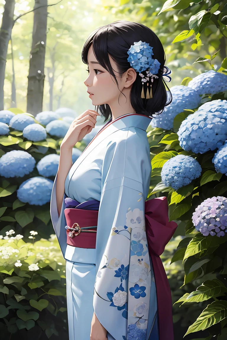masterpiece ,highest quality, delicateな髪の美しい女性, Flowers, forest, Blooming hydrangeas,profile,Fleeting,beauty,delicate,Cinematic,Japanese women,profile,mature,Shiny woman,downward profile,light blue floral kimono,Genuine,White flower hair ornament,Posing to be thinking,Put your hand over your mouth,Downward angle,Looking down
