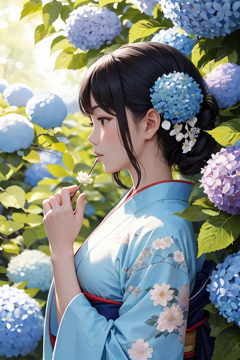 masterpiece ,highest quality, delicateな髪の美しい女性, Flowers, forest, Blooming hydrangeas,profile,Fleeting,beauty,delicate,Cinematic,Japanese women,profile,mature,Shiny woman,downward profile,light blue floral kimono,Genuine,White flower hair ornament,Posing to be thinking,Put your hand over your mouth,Downward angle,Looking down