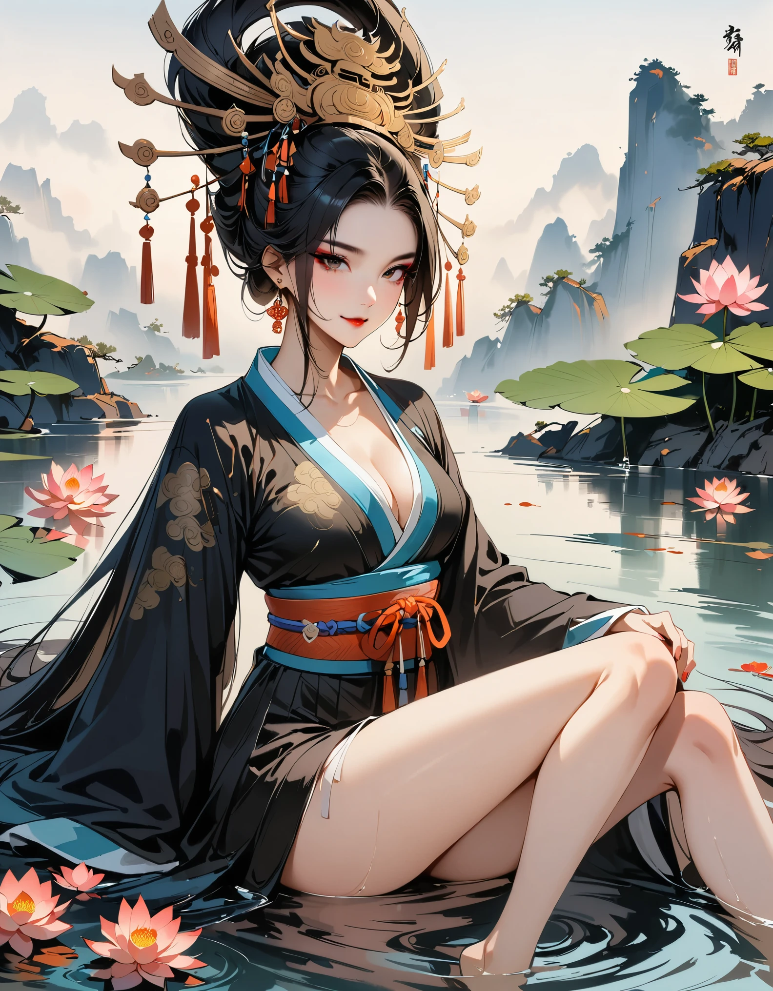 ((4k,masterpiece,best quality)), Ink Bismuth, traditional Chinese painting, lotus, Hanfu, Black Hanfu，(Dress conservatively:1.3),1girl, Solitary, Black long hair, Smile, Sitting, Feet on the surface of the water, barefoot，Gorgeous makeup，Oiran，Long legs，Pretty face，attractive women