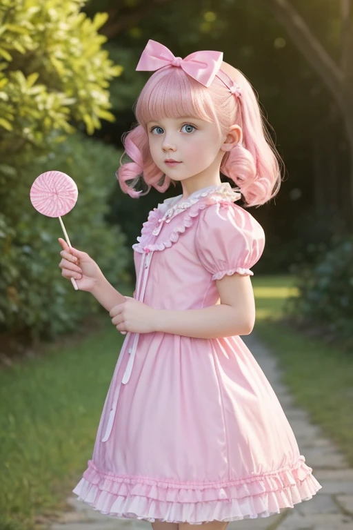A young girl with porcelain skin and a mischievous glint in her eye, dressed in a frilly pink dress and holding a lollipop, reminiscent of the iconic character from "Lolita" the movie.