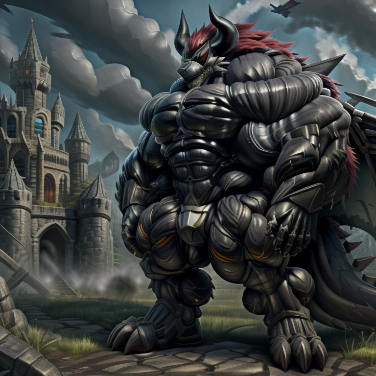 (gigantic muscles), 8K, Masterpiece, highres, Detailed head, Detailed Body, full body, Detailed abs, wearing crNanosuit, big muscle (pecs, triceps, traps) unusually developed muscular body, body full of huge muscles. pectorales enormes. Exaggeratedly huge muscles. Gigachad Muscular, gigantic muscles, Colossal giant NANOSUIT over a battlefield, The claws are sharp, Sharp teeth, Spread wings, have big wings. black wings, nj5furry, Animal paws, castle, black visor, demon lord dragon batzz
