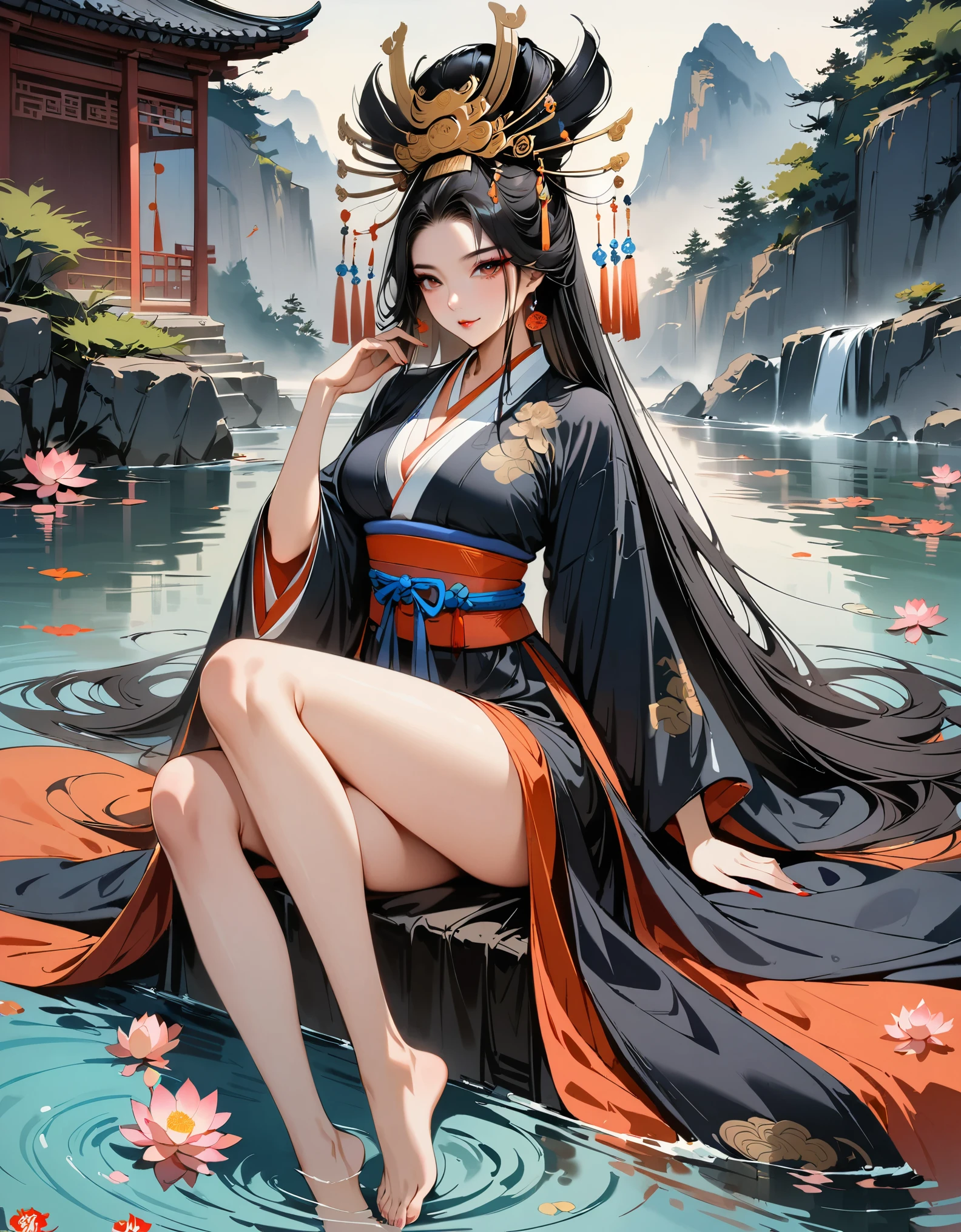 ((4k,masterpiece,best quality)), Ink Bismuth, traditional Chinese painting, lotus, Hanfu, Black Hanfu,(Dress conservatively:1.3),1girl, Solitary, Black long hair, Smile, Sitting, Feet on the surface of the water, barefoot,Gorgeous makeup,Oiran,Long legs,Pretty face,attractive women
