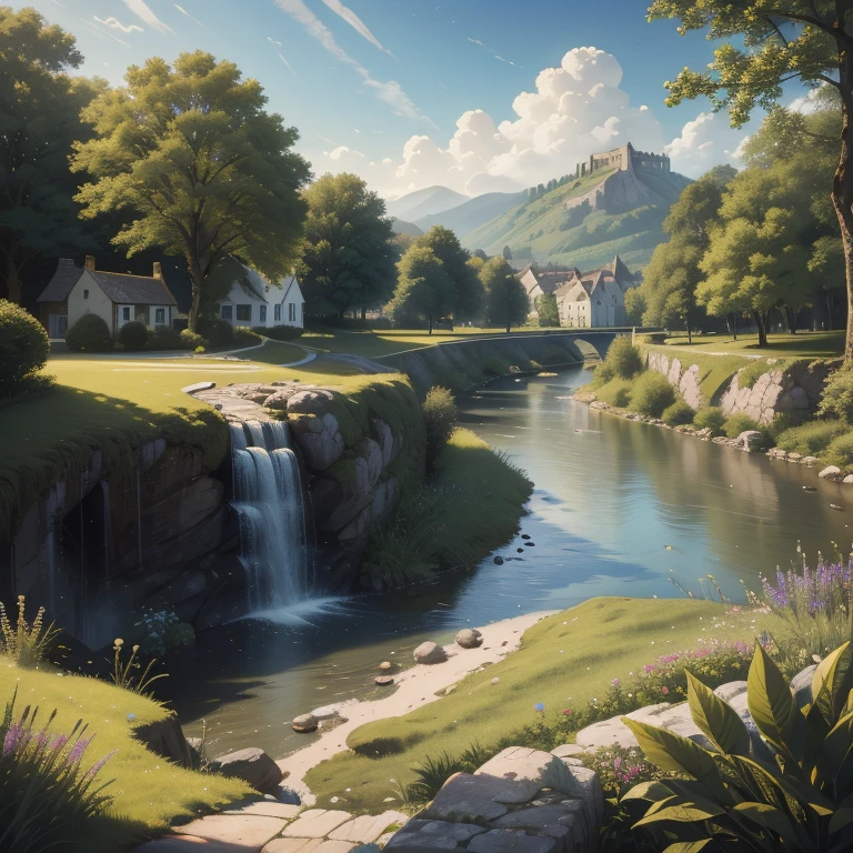8k、The best masterpiece、 Pastoral Landscape, A crystal-clear river flows serenely at the heart of the composition., A quaint, fortified white stone village nestles on the river's left bank., Lush, verdant woods embrace the river's right side., Ultra illumination, Optimal Lighting, High resolution, masterpiece, high quality, Ultra-high quality, artwork, Great quality, live-action
Hyper-realistic, exquisitely detailed, this masterpiece showcases a tranquil rural scene with a meandering river flowing through at its core. On the left bank, a picturesque white-stone fortified city is