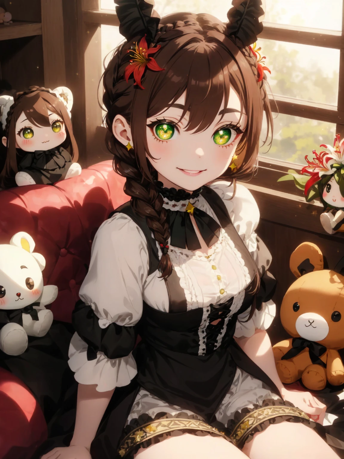 ((Brown hair)),((Braided shorthair)),((With black eyes)),Slight red tide,(gothic style costume:1.25),(Head dress:1.2),((Scattered with lily flowers and stuffed animals)),(The entire space turns white, Black, Green, and yellow.),(Big eyes:1.5),(your eyes are shining like stars:1.2),(Cute way to sit),(sitting like a french doll),(Tilt of the neck:1.25),(elaborate structure),(smiling slightly),