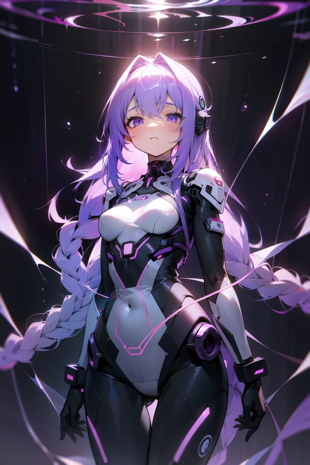 android girl(metallic skin, blindfolded with a purple visor, cyber joint, orgasm), deep purple light, many cables, cable insert in vagina,