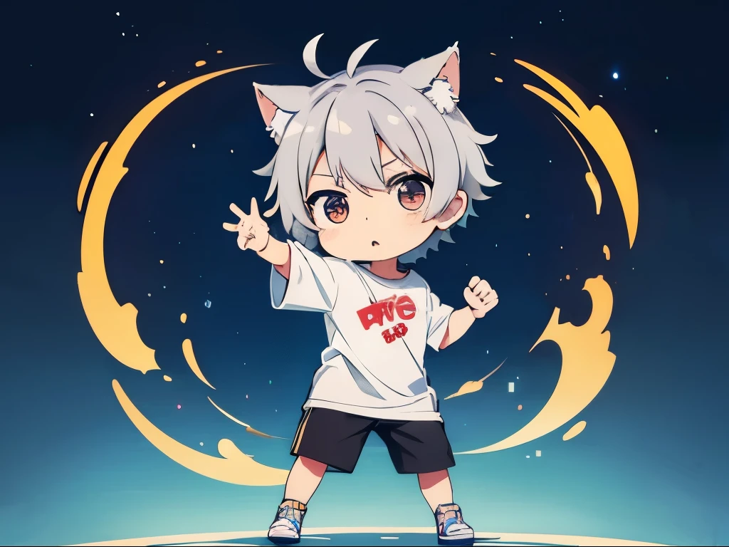 (chibi:1.3)，sun、(Run)，Hurry，Raise one hand，whole body，after that，masterpiece, A world where magic and technology coexist, Cat Eared Man(Gray Hair, short hair) ，boy，Hone your skills，Let&#39;s go on a journey to uncover the secrets of power., Beautiful Eyes，depicted in detail. The magician makes the most of the potential of his abilities.，We must learn how to unlock the true potential of modern magic，masterpiece, Cat Eared Man，Gray Hair, short hair)，depicted in detail，