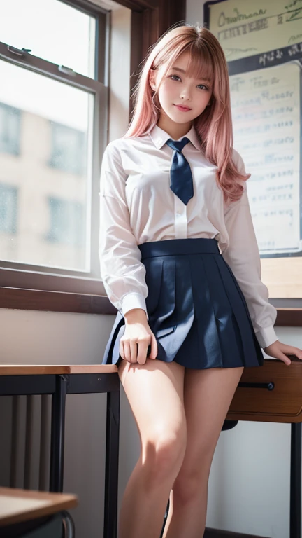 (nude :1.50),(Pink Hair :1.3),(Photorealistic:1.4, 8k), highest quality, masterpiece, Ultra-high resolution, Perfect dynamic composition, (Cinematic lens effects), (Beautiful Face), (Brown Hair:1.3, bangs, Long Hair), Highly detailed skin and facial textures:1.3, Sunburned skin:1.0, Perfect balance, Mid-chest, Shining Legs, Limb details, Cute and sexy 18 year old school girl, (Totally captivates you:0.9), (school uniform:1.3, White shirt, Blue tie, Check skirt), (Gal Makeup, eyeliner, Lip gloss, Beautiful erotic eyes:0.85), Sexy Face:0.8, (Beautiful Eyes, Thick lips, A taste of beautiful eroticism:0.85), (Too cute beauty:0.9), (classroom, mechanical, Chair, Large windows), (Looking at the camera), (Extreme close up:1.3), smile