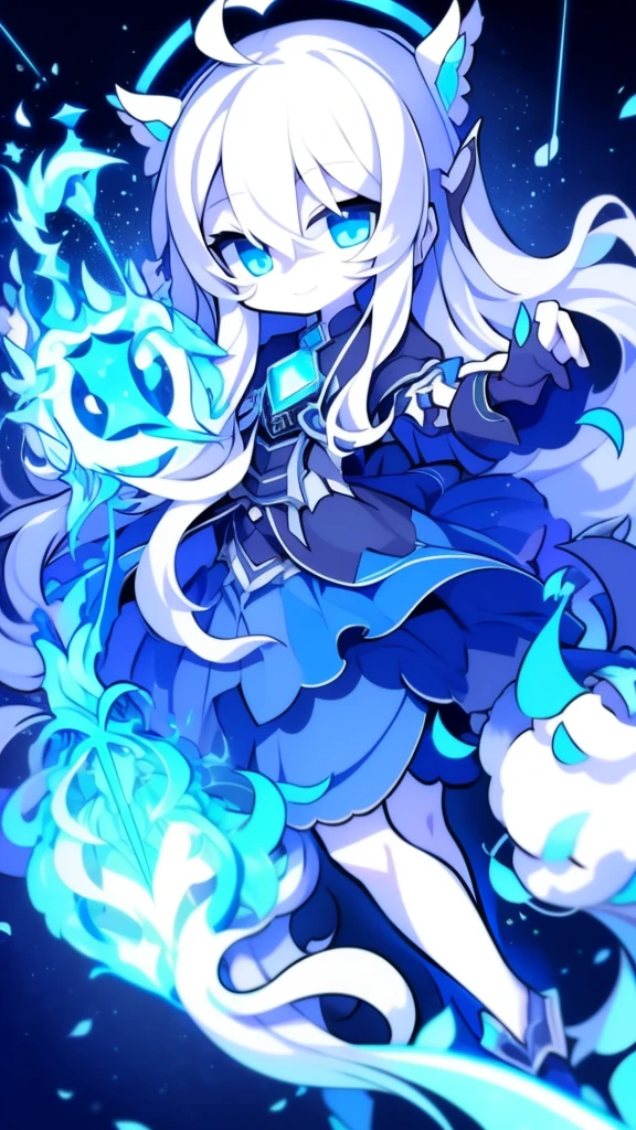  girl，k hd，4K，face expressionless，style of anime，sideface，blue color eyes，white color hair,((full body)),Confused eyes,(default character)SD character, masterpiece,best quality,ultra detailed,4K,super fine illustration,highly detailed beautiful face and eyes,cyan color scheme, lighting,fantasy,extremely solemn atmosphere,long hair,floating hair,smirk,fighting stance,dynamic pose,(holding glowing sword:1.3),particle light,luminescence,plasma,electric current,blue flame,sense of depth,dynamic angle,
