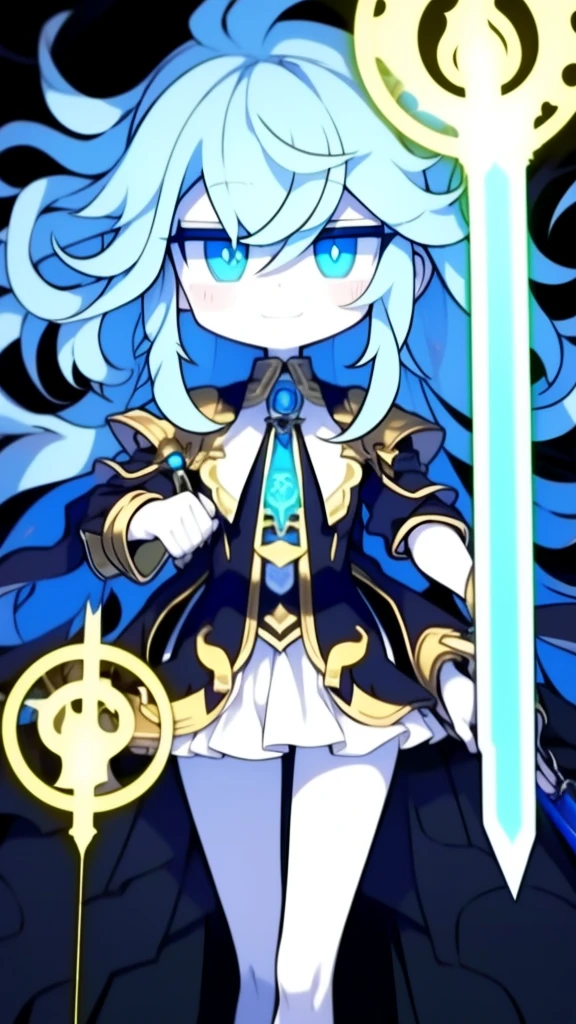 girl,k hd,4K,face expressionless,style of anime,sideface,blue color eyes,white color hair,((full body)),Confused eyes,(default character)SD character, masterpiece,best quality,ultra detailed,4K,super fine illustration,highly detailed beautiful face and eyes,cyan color scheme, lighting,fantasy,extremely solemn atmosphere,long hair,floating hair,smirk,fighting stance,dynamic pose,(holding glowing sword:1.3),particle light,luminescence,plasma,electric current,blue flame,sense of depth,dynamic angle,