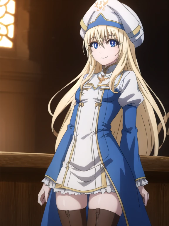 priestess, priestess, blonde hair, blue eyes, long hair, hair between eyes, (flat chest), smile,
BREAK boots, dress, frilled sleeves, frills, hat, white headwear, pelvic curtain, high heels, robe, thigh boots, thighhighs, white thighhighs, long sleeves, puffy sleeves,
BREAK indoors, church,
BREAK looking at viewer, (cowboy shot:1.5),
BREAK (masterpiece:1.2), best quality, high resolution, unity 8k wallpaper, (illustration:0.8), (beautiful detailed eyes:1.6), extremely detailed face, perfect lighting, extremely detailed CG, (perfect hands, perfect anatomy),