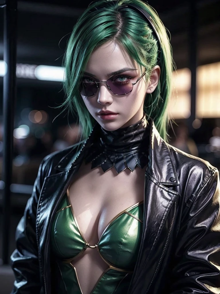 a close-up of a gorgeous women with vibrant green hair and stylish sunglasses, extremely detailed face, beautiful eyes, sharp features, dramatic lighting, cinematic composition, vibrant colors, 8k, photorealistic, masterpiece, stunning anime face, anime art style, demon slayer art, roronoa zoro inspired character, ross tran style, joker looks like naruto, high quality anime character design, trending anime art, best anime character