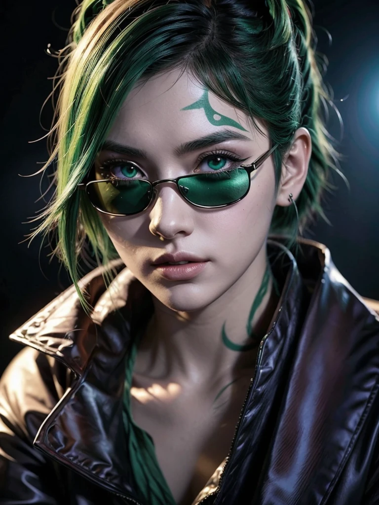 a close-up of a gorgeous women with vibrant green hair and stylish sunglasses, extremely detailed face, beautiful eyes, sharp features, dramatic lighting, cinematic composition, vibrant colors, 8k, photorealistic, masterpiece, stunning anime face, anime art style, demon slayer art, roronoa zoro inspired character, ross tran style, joker looks like naruto, high quality anime character design, trending anime art, best anime character