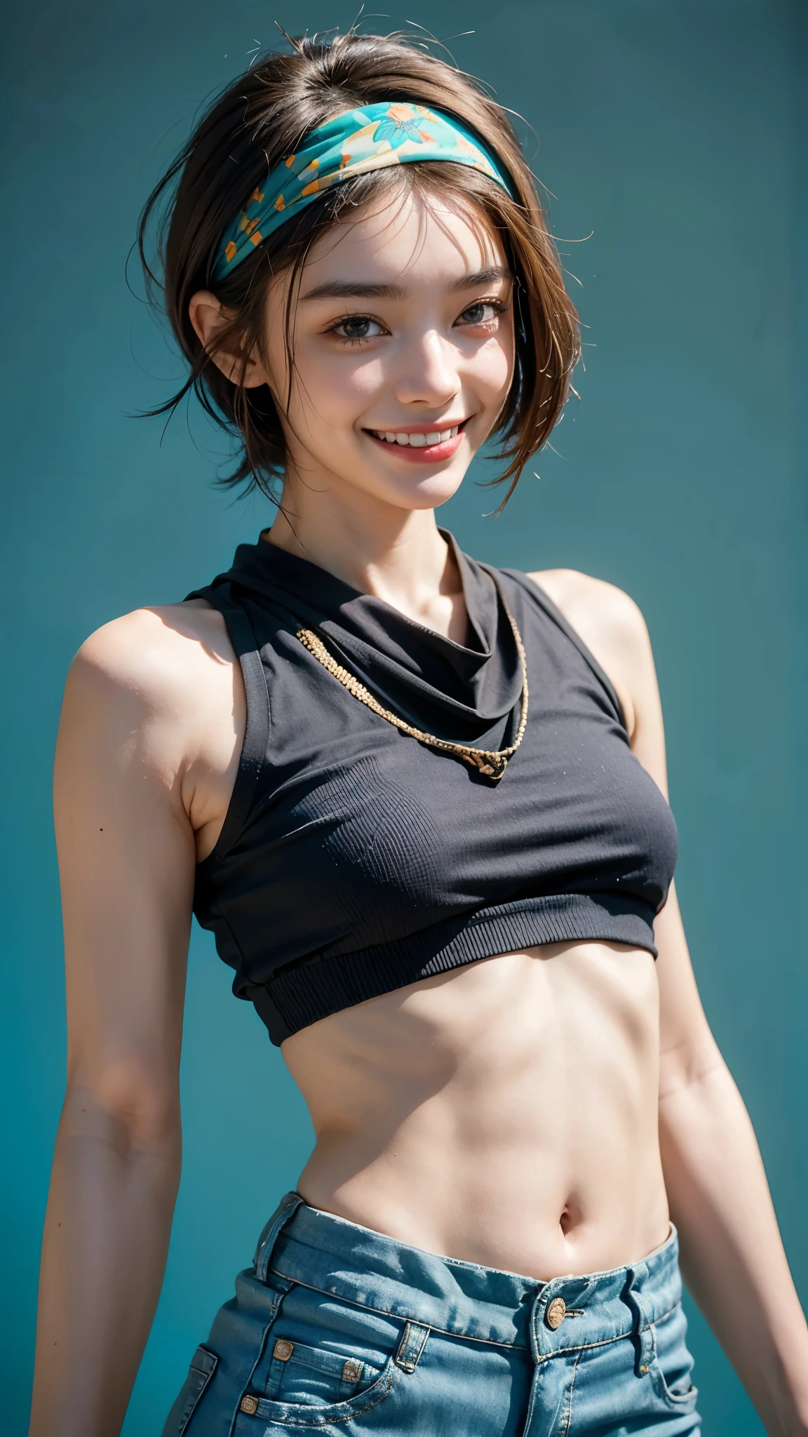 highest quality, masterpiece, Ultra-high resolution,8k, (Realistic:1.6), (Facing portraits) RAW Photos, 1 girl,(Full of smiles, Showing teeth)), 22 years old,((Belly button fashion)),((Hot pants uniform)),((Turquoise Short Hair)),((Wear a bandana on your head)),((Looking up at the audience)),Face Focus:1.4,((Simple solid color background)), Image Media Chest)),((Smiling with teeth showing)),
